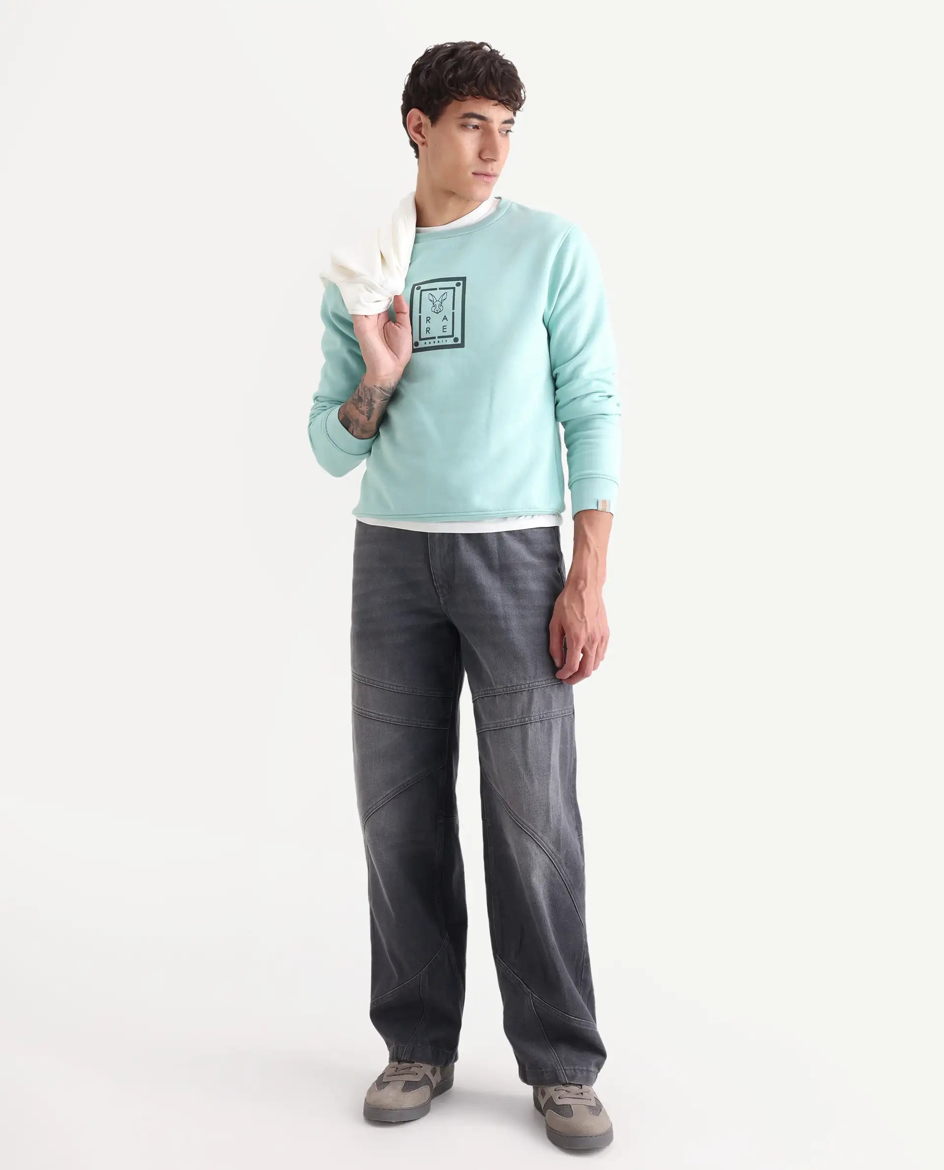 Rare Rabbit Men's Sweeney Light Green Cotton Graphic Print Regular Fit Full Sleeve Crew Neck Sweatshirt