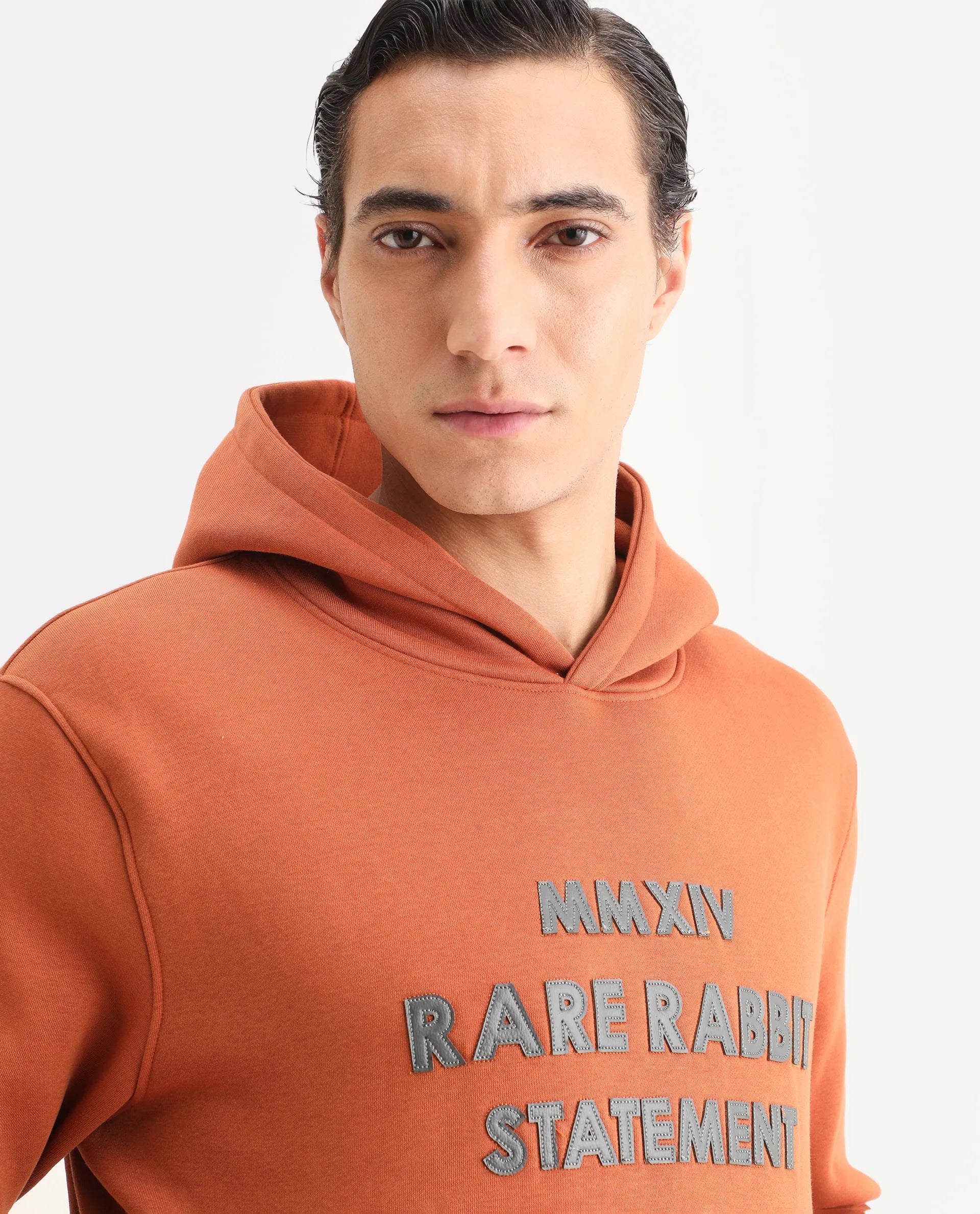 Rare Rabbit Men's Ether Rust Cotton Embroidered Regular Fit Full Sleeve Hooded Sweatshirt