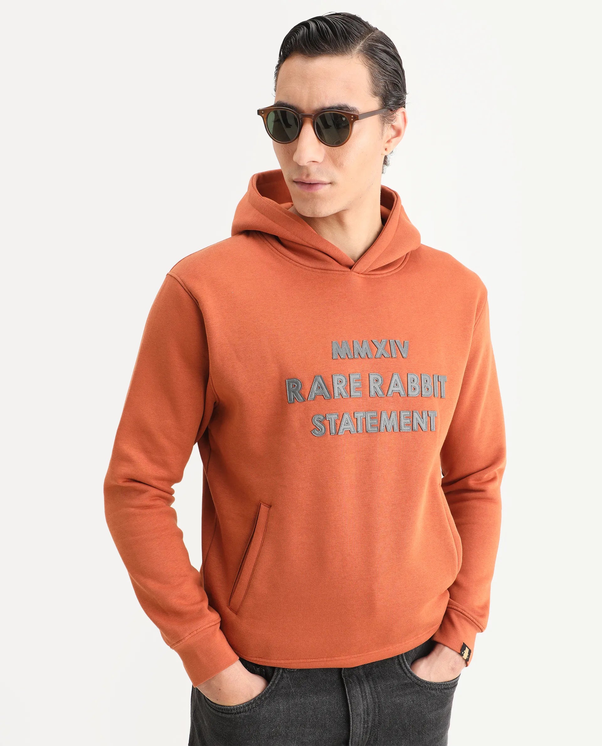 Rare Rabbit Men's Ether Rust Cotton Embroidered Regular Fit Full Sleeve Hooded Sweatshirt