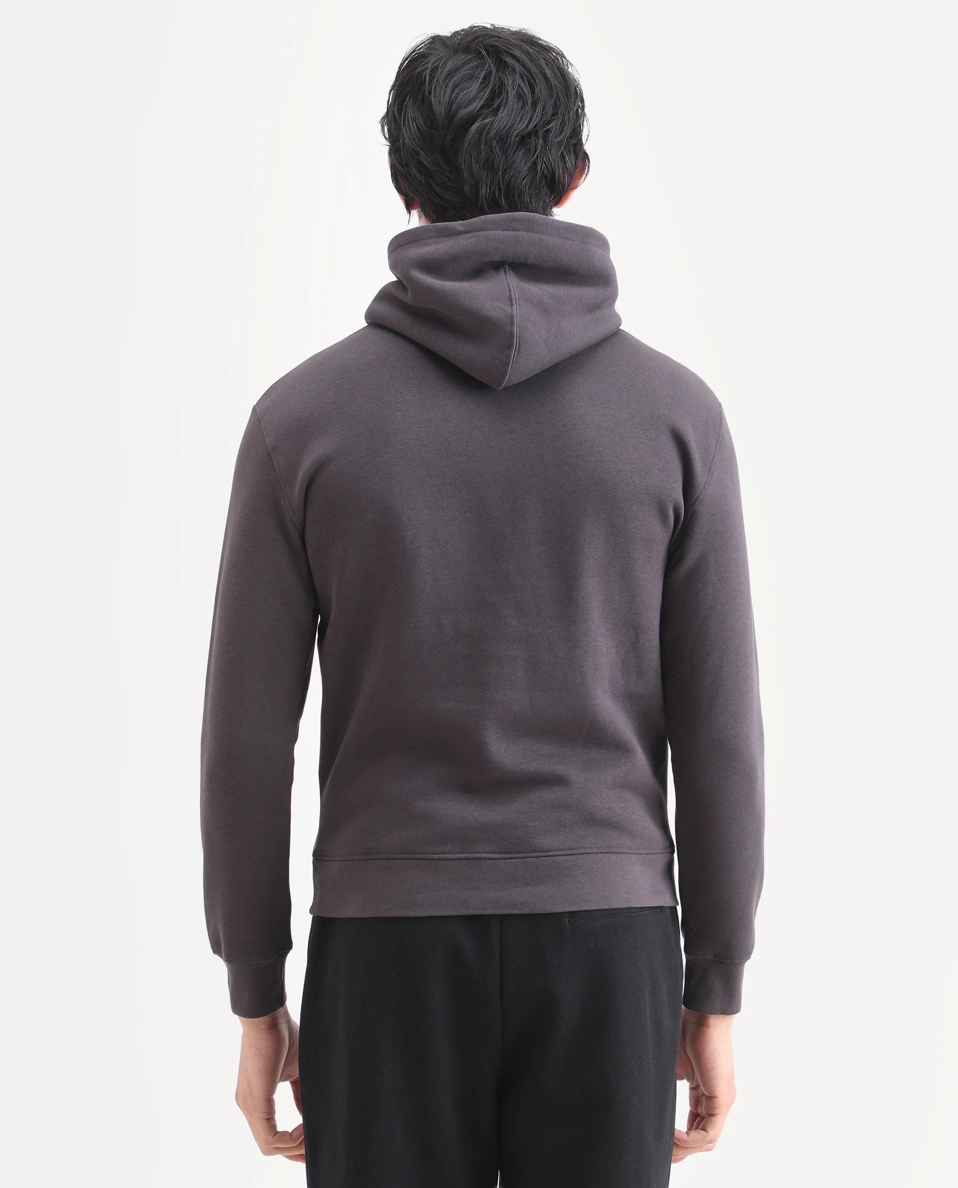 Rare Rabbit Men's Ether Dark Grey Cotton Embroidered Regular Fit Full Sleeve Hooded Sweatshirt