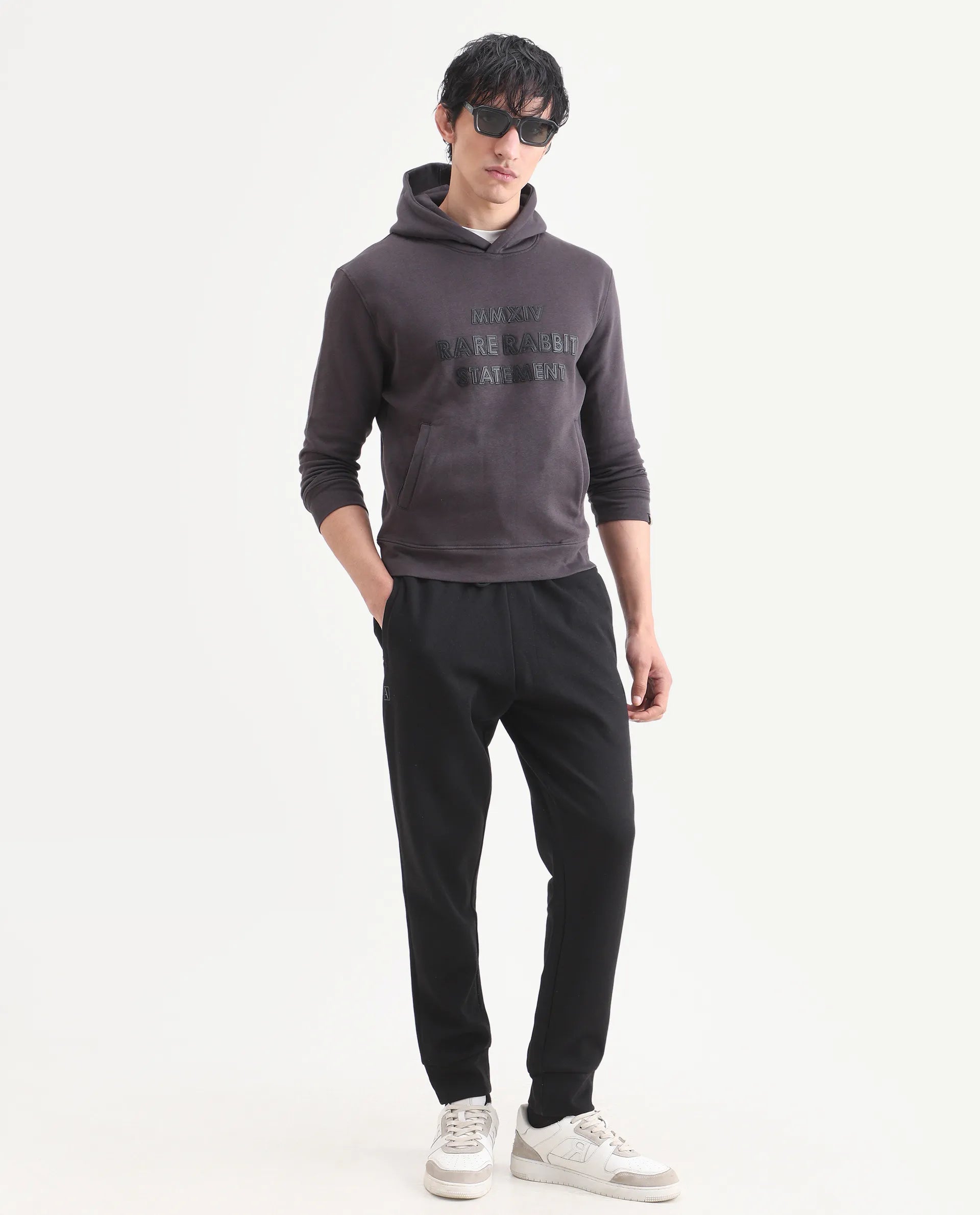 Rare Rabbit Men's Ether Dark Grey Cotton Embroidered Regular Fit Full Sleeve Hooded Sweatshirt