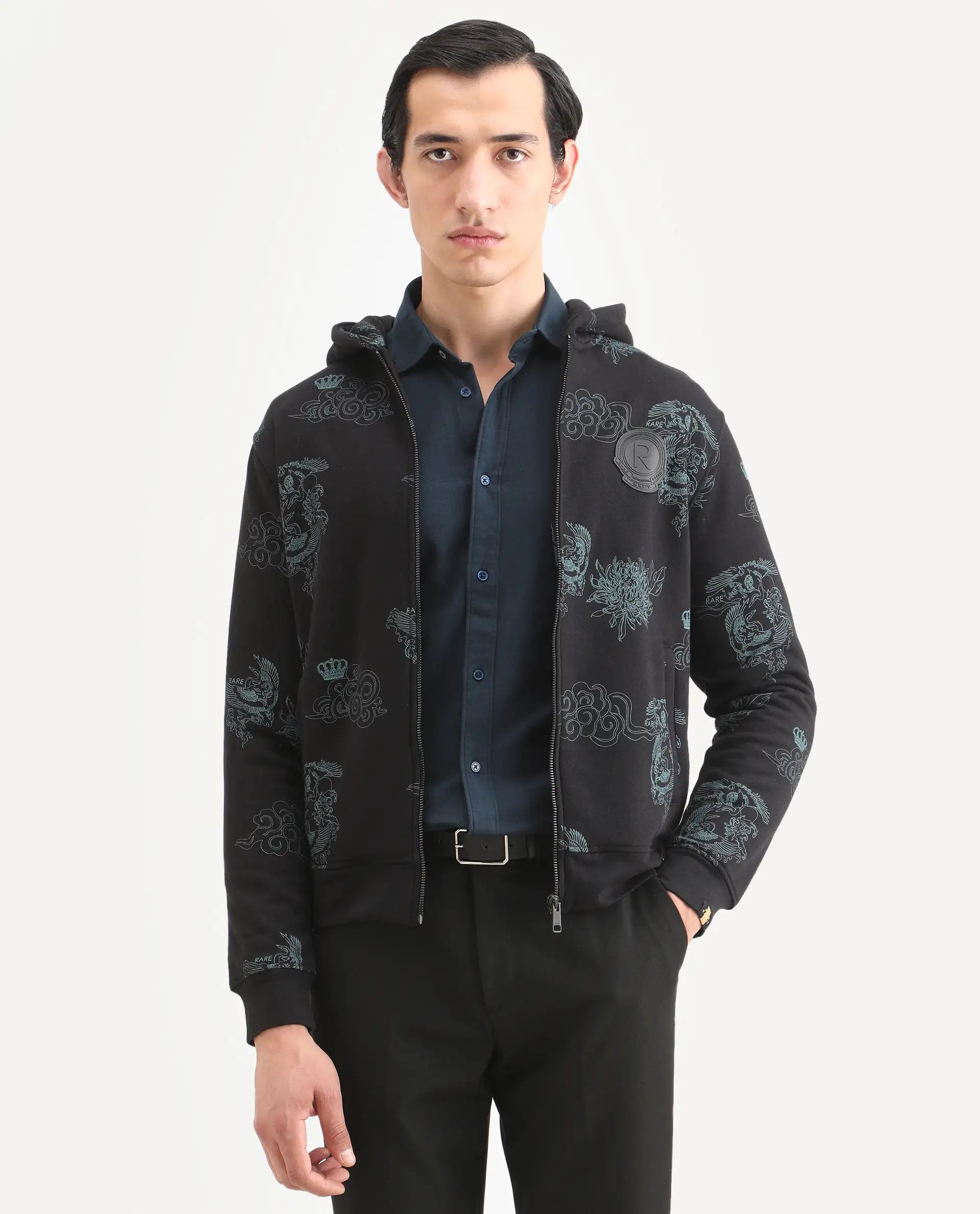 Rare Rabbit Men's Santo Black Cotton Printed Relaxed Fit Full Sleeve Hooded Sweatshirt