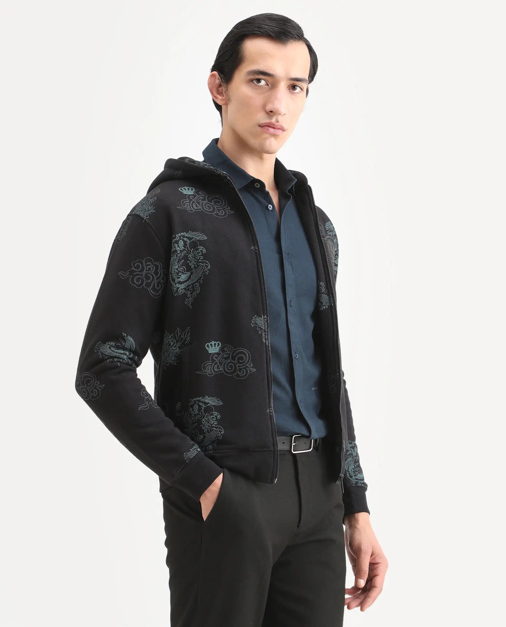 Rare Rabbit Men's Santo Black Cotton Printed Relaxed Fit Full Sleeve Hooded Sweatshirt