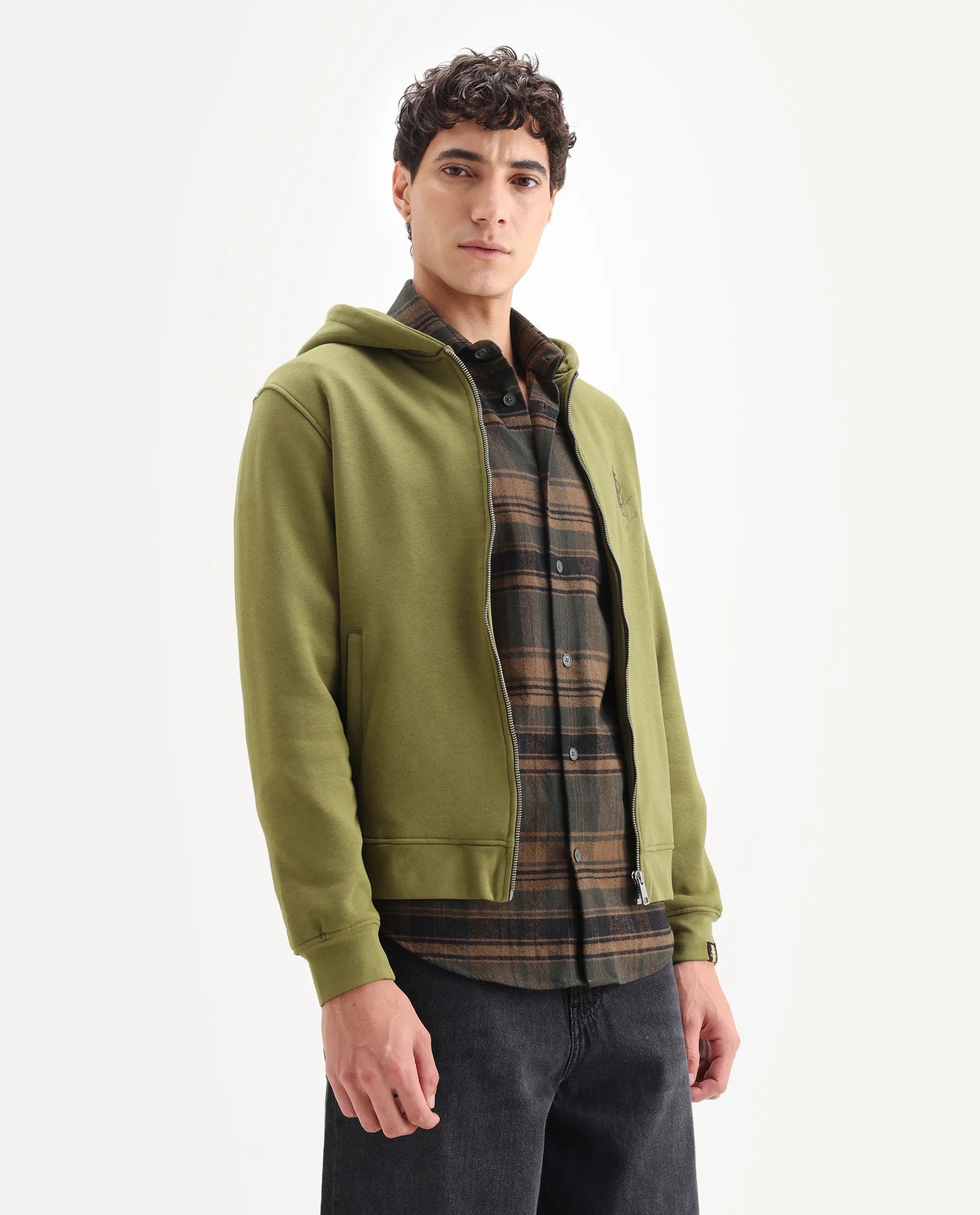 Rare Rabbit Men's Scribble Olive Cotton Embroidered Regular Fit Full Sleeve Hooded Sweatshirt