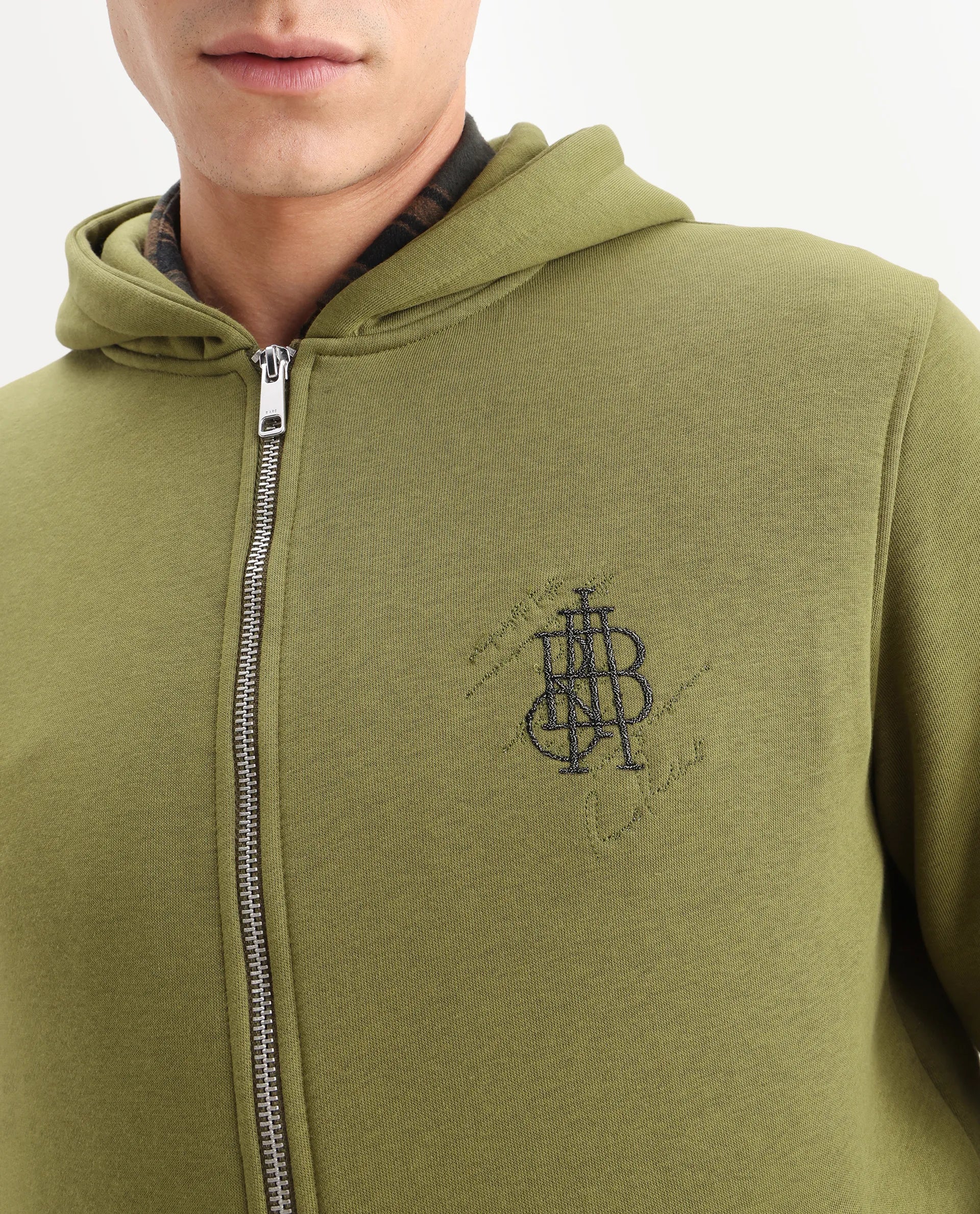 Rare Rabbit Men's Scribble Olive Cotton Embroidered Regular Fit Full Sleeve Hooded Sweatshirt