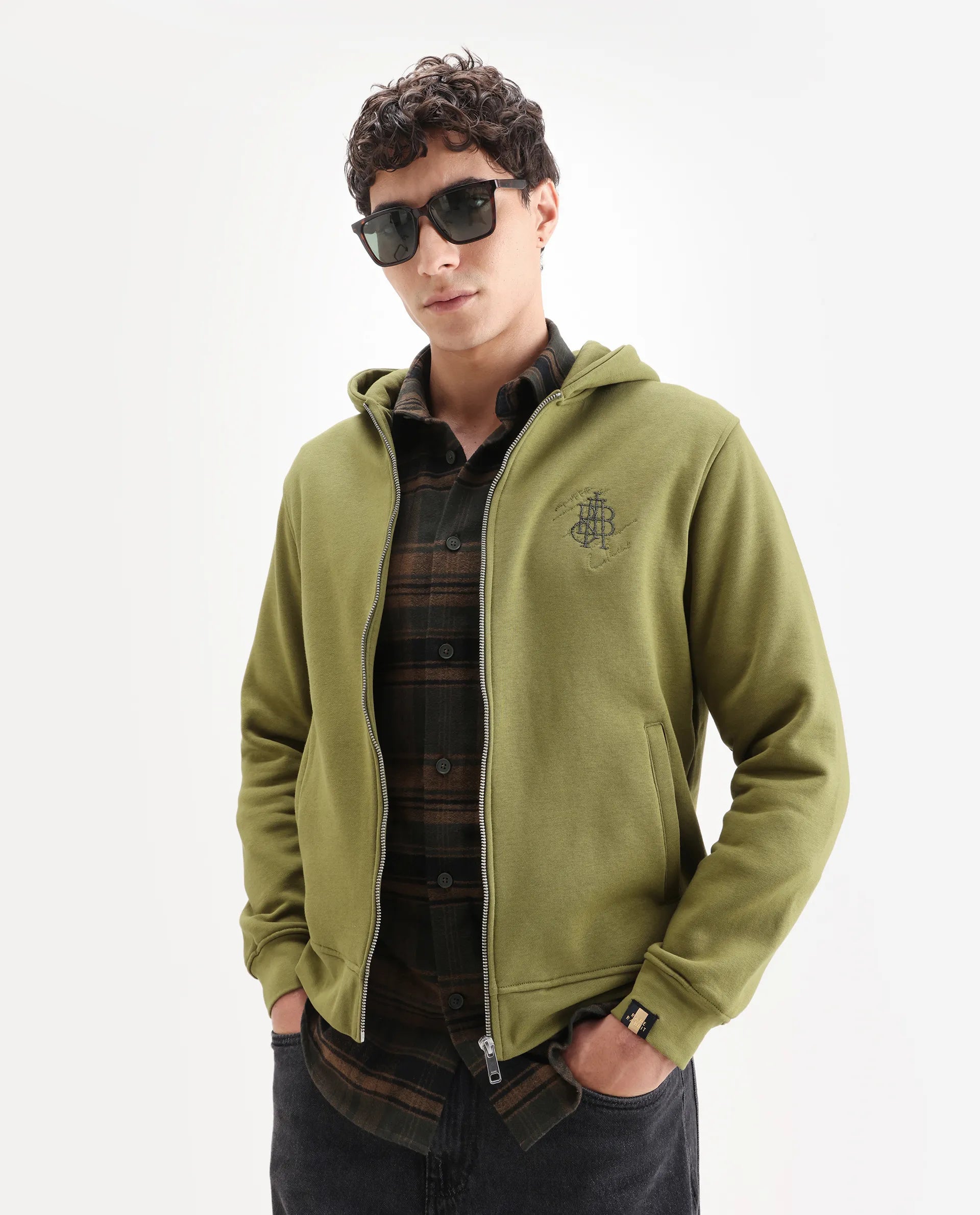 Rare Rabbit Men's Scribble Olive Cotton Embroidered Regular Fit Full Sleeve Hooded Sweatshirt