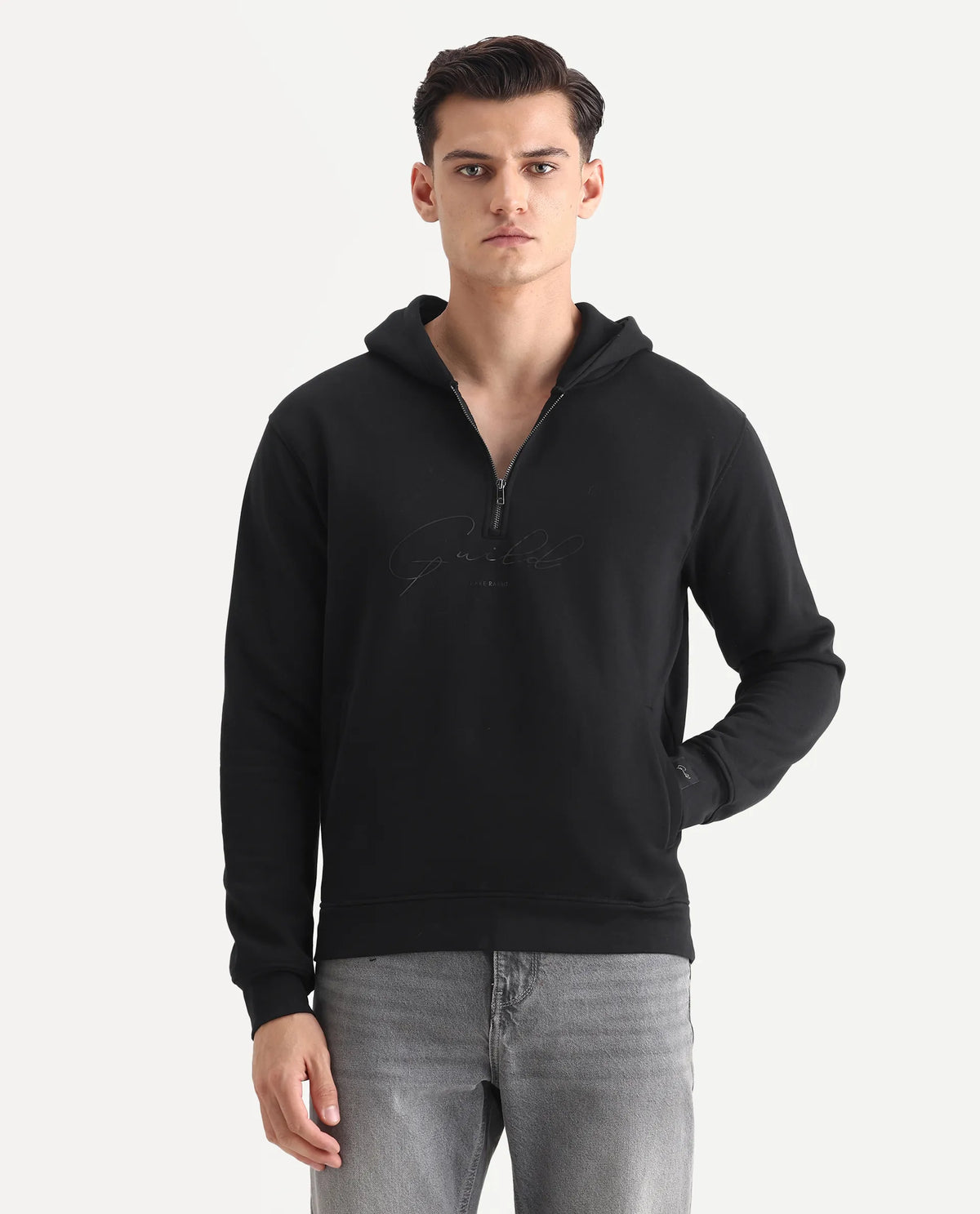 Rare Rabbit Men's Elite Black Cotton Graphic Print Relaxed Fit Full Sleeve Hooded Sweatshirt