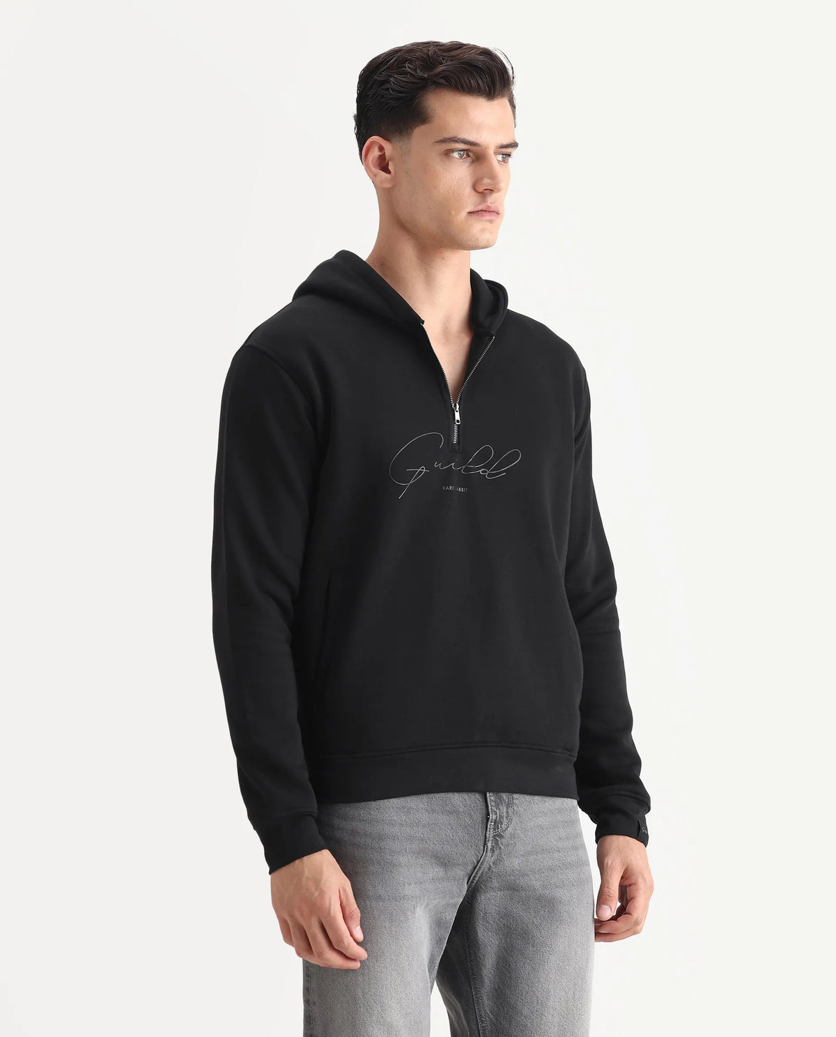 Rare Rabbit Men's Elite Black Cotton Graphic Print Relaxed Fit Full Sleeve Hooded Sweatshirt