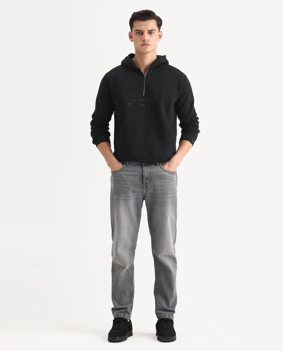 Rare Rabbit Men's Elite Black Cotton Graphic Print Relaxed Fit Full Sleeve Hooded Sweatshirt