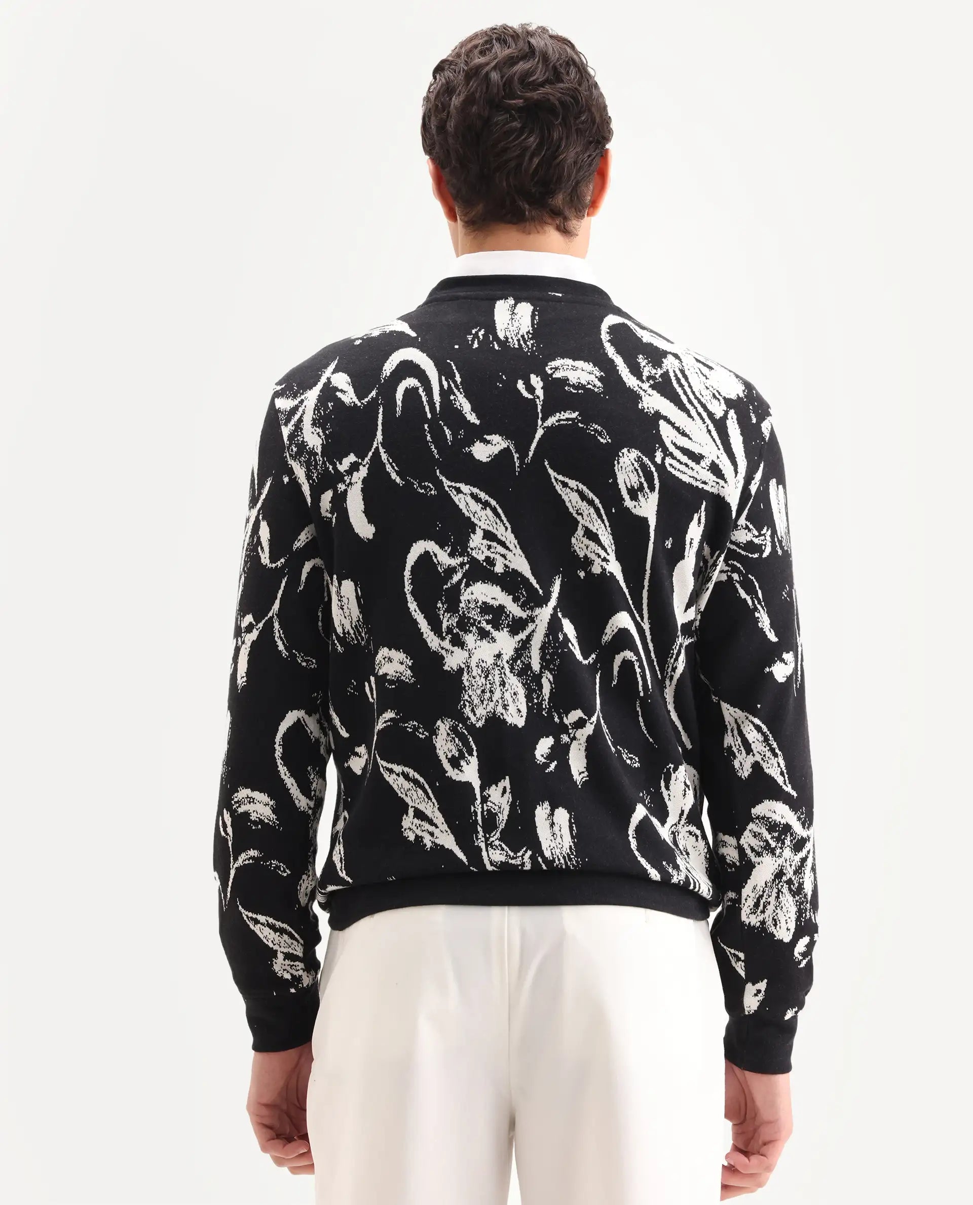 Rare Rabbit Men's Thalora Black Cotton Floral Print Regular Fit Full Sleeve Crew Neck Sweatshirt