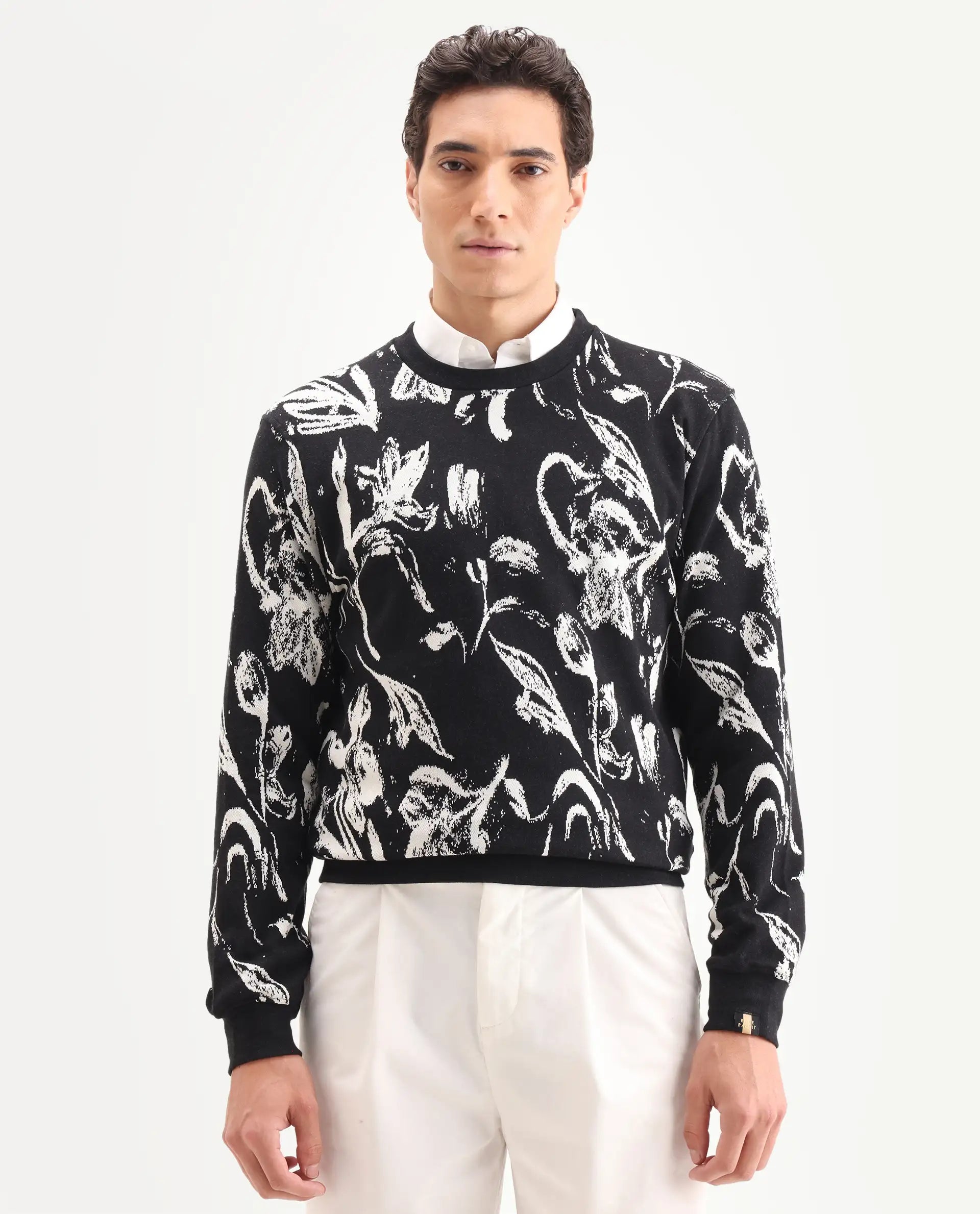 Rare Rabbit Men's Thalora Black Cotton Floral Print Regular Fit Full Sleeve Crew Neck Sweatshirt