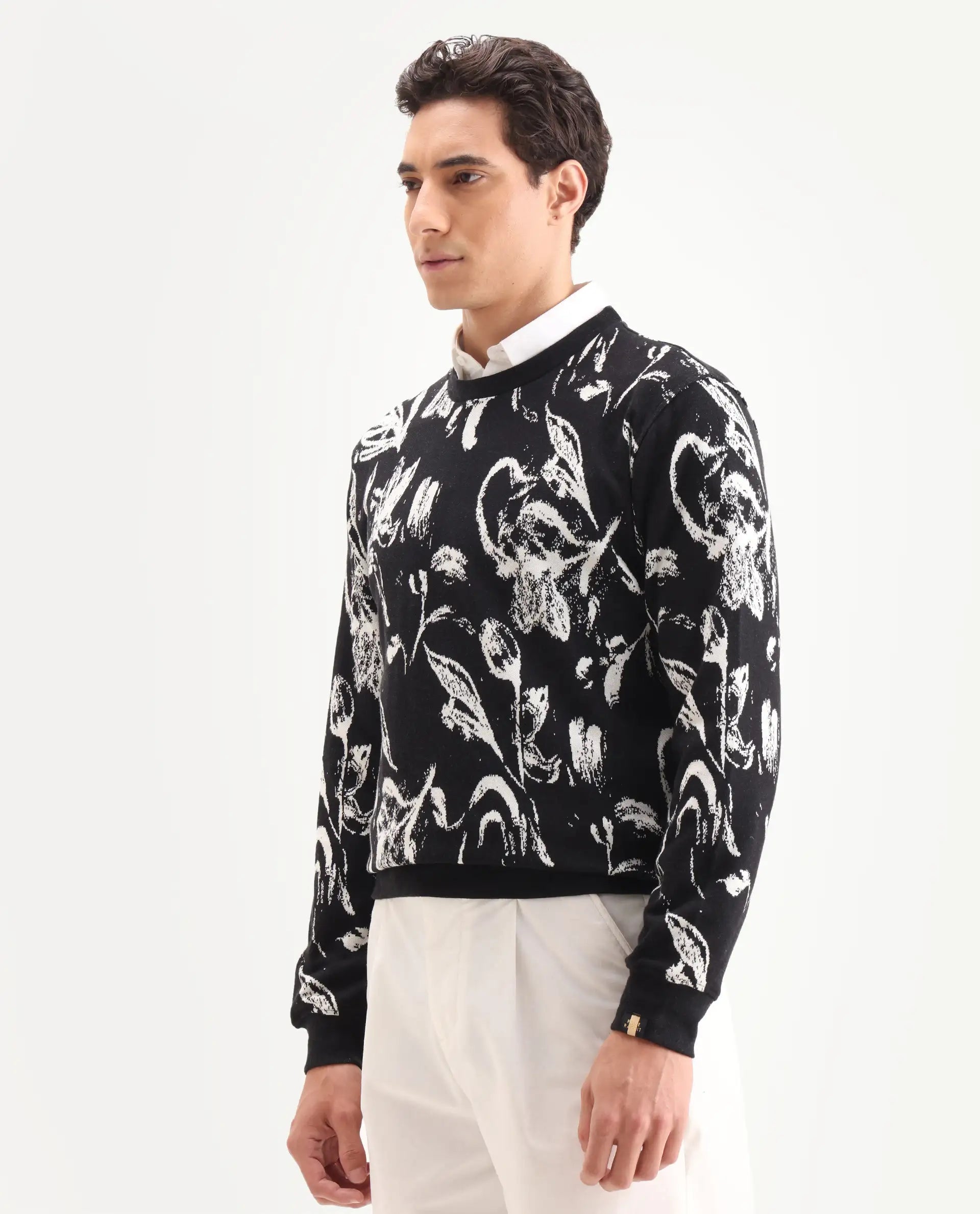 Rare Rabbit Men's Thalora Black Cotton Floral Print Regular Fit Full Sleeve Crew Neck Sweatshirt