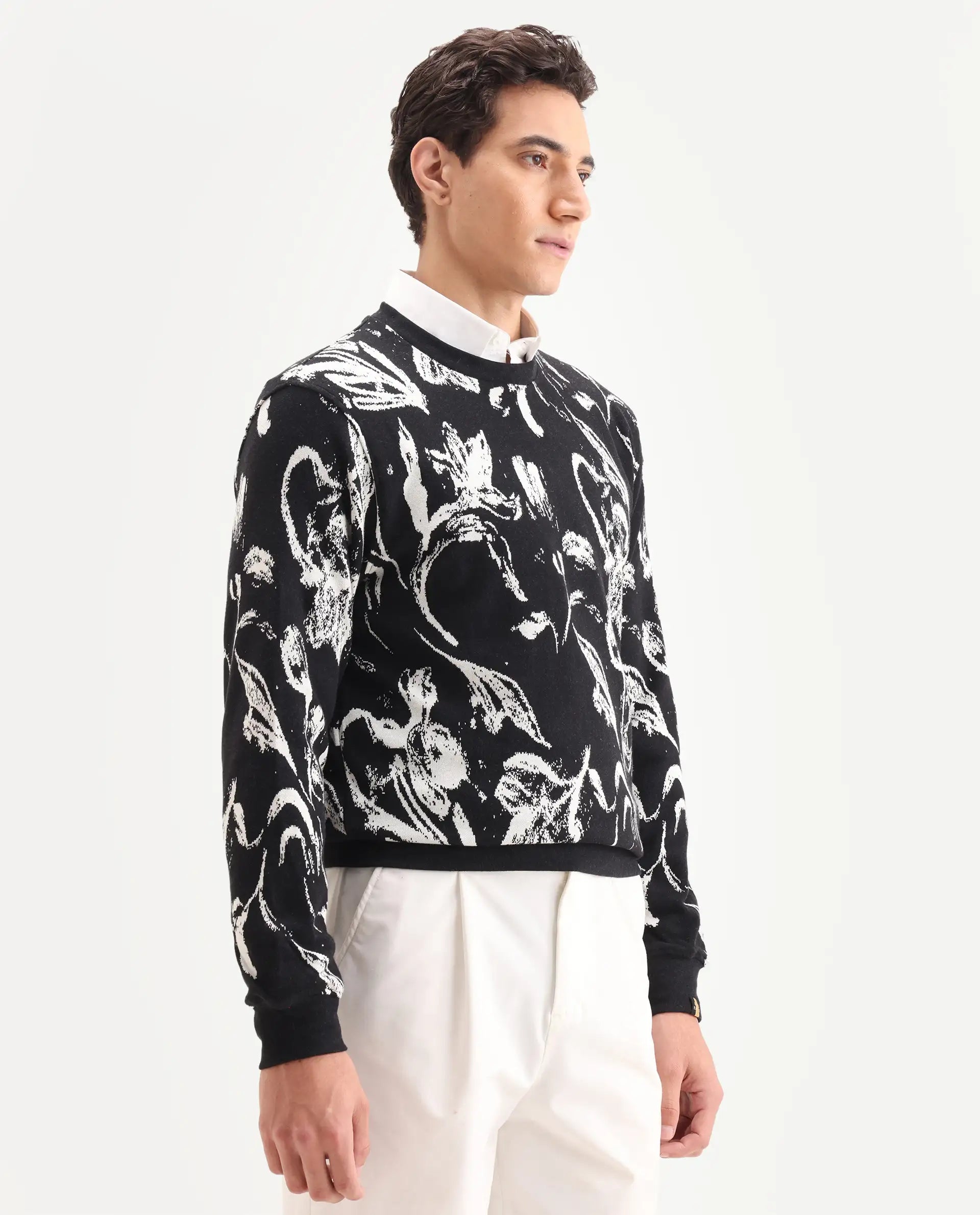 Rare Rabbit Men's Thalora Black Cotton Floral Print Regular Fit Full Sleeve Crew Neck Sweatshirt