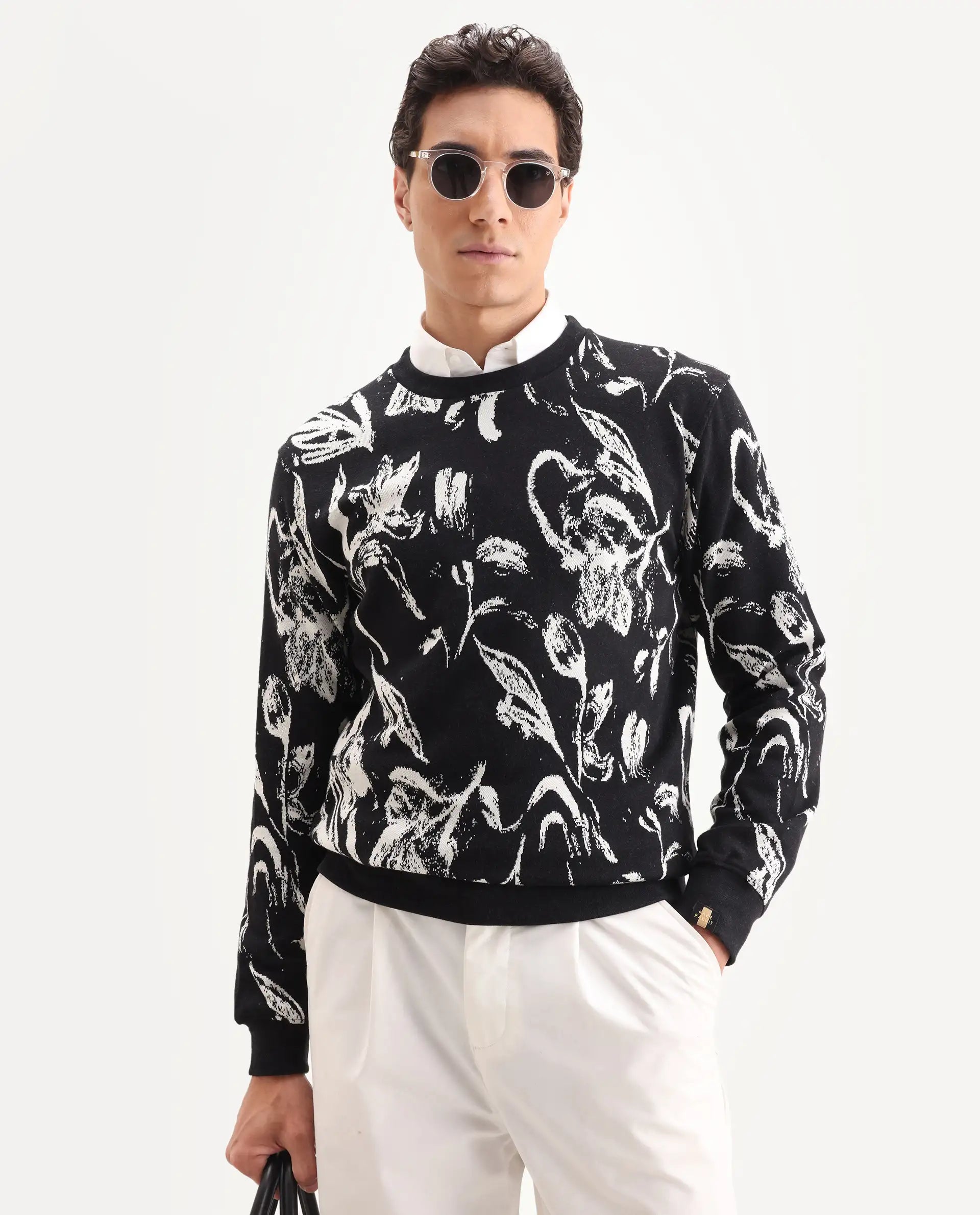 Rare Rabbit Men's Thalora Black Cotton Floral Print Regular Fit Full Sleeve Crew Neck Sweatshirt
