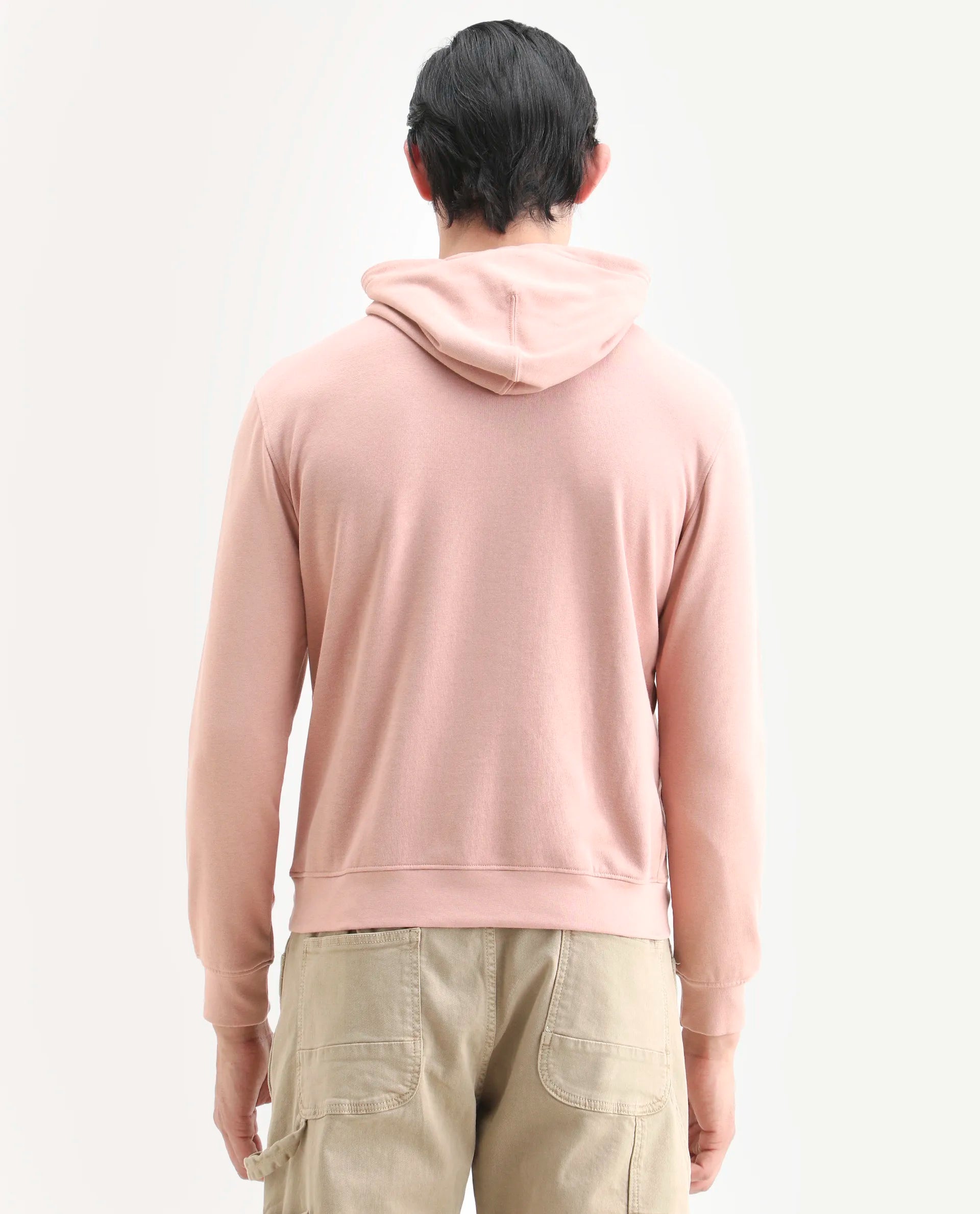 Rare Rabbit Men's Mile Peach Cotton Graphic Print Regular Fit Full Sleeve Hooded Sweatshirt