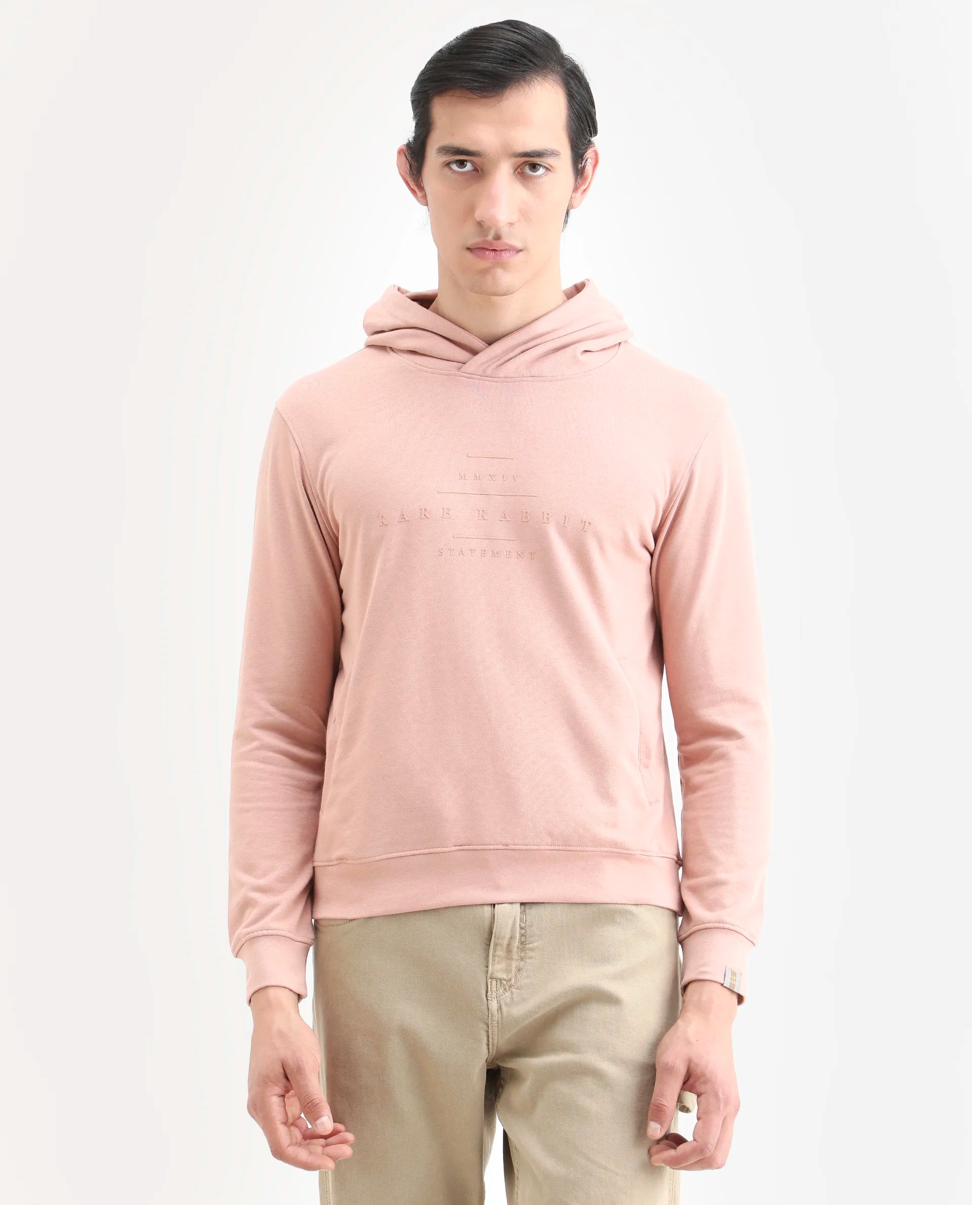 Rare Rabbit Men's Mile Peach Cotton Graphic Print Regular Fit Full Sleeve Hooded Sweatshirt