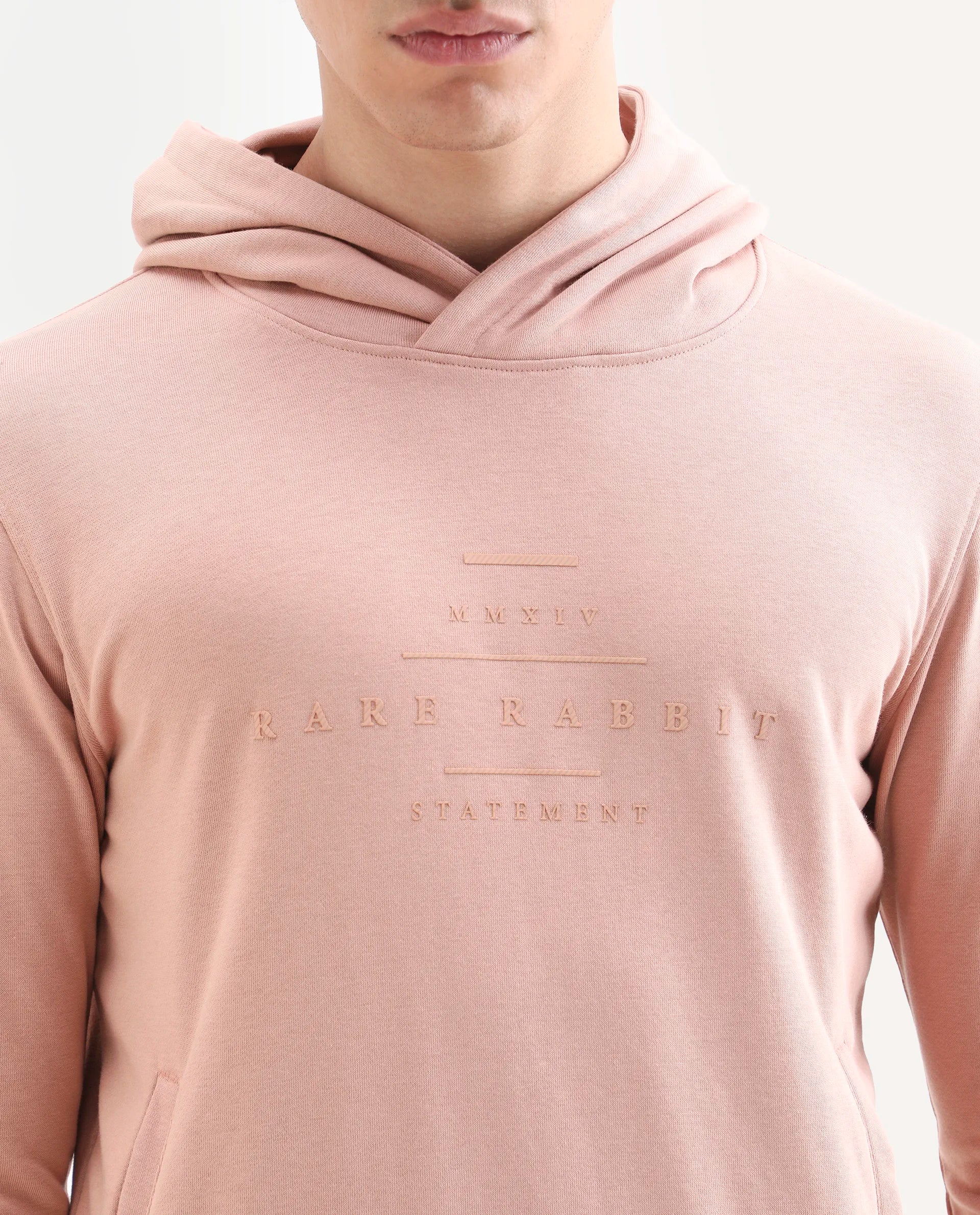 Rare Rabbit Men's Mile Peach Cotton Graphic Print Regular Fit Full Sleeve Hooded Sweatshirt