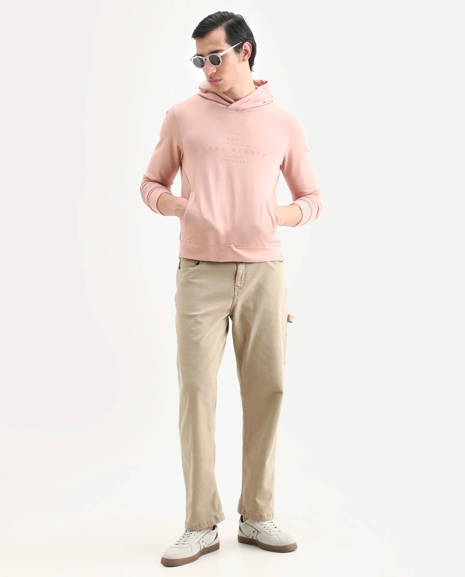 Rare Rabbit Men's Mile Peach Cotton Graphic Print Regular Fit Full Sleeve Hooded Sweatshirt