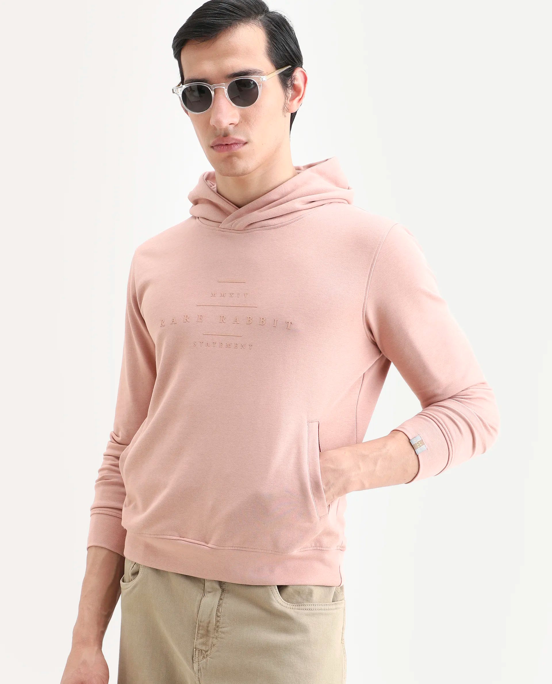Rare Rabbit Men's Mile Peach Cotton Graphic Print Regular Fit Full Sleeve Hooded Sweatshirt