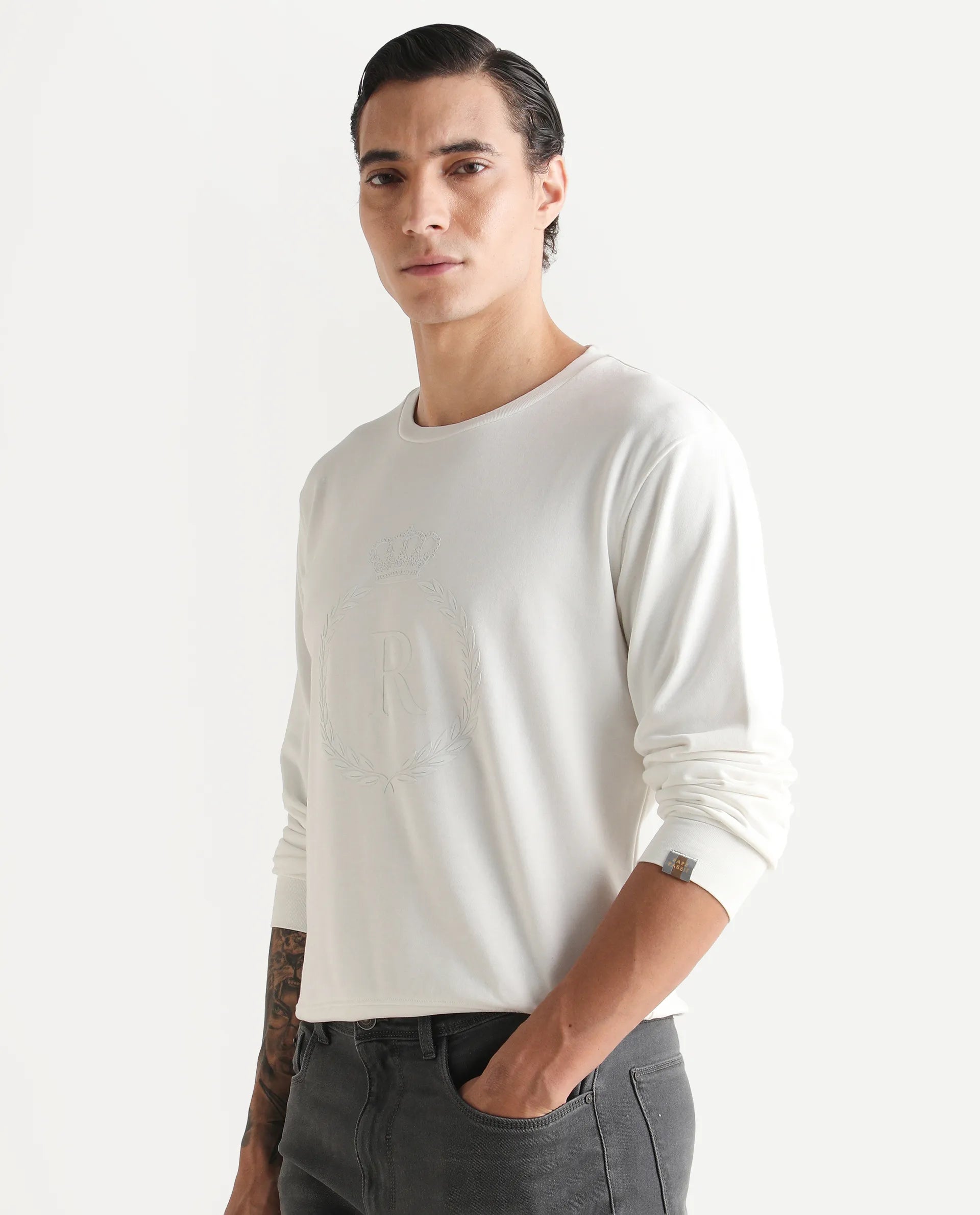 Rare Rabbit Men's Staple Off White Cotton Graphic Print Regular Fit Full Sleeve Crew Neck Sweatshirt