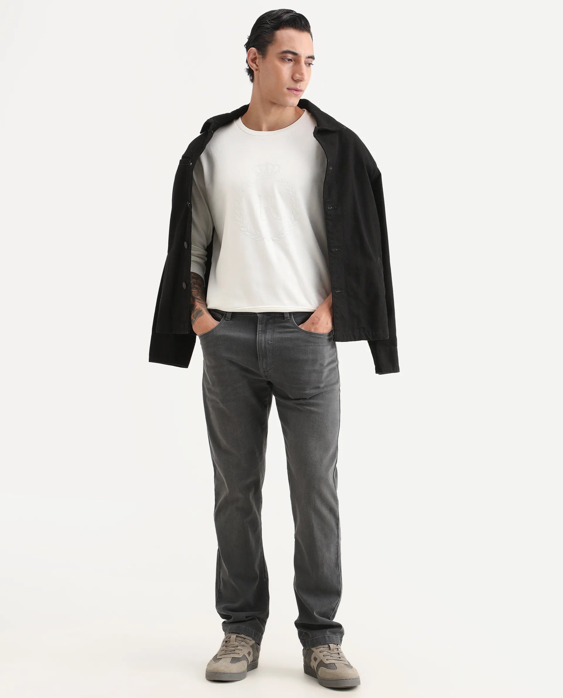 Rare Rabbit Men's Staple Off White Cotton Graphic Print Regular Fit Full Sleeve Crew Neck Sweatshirt