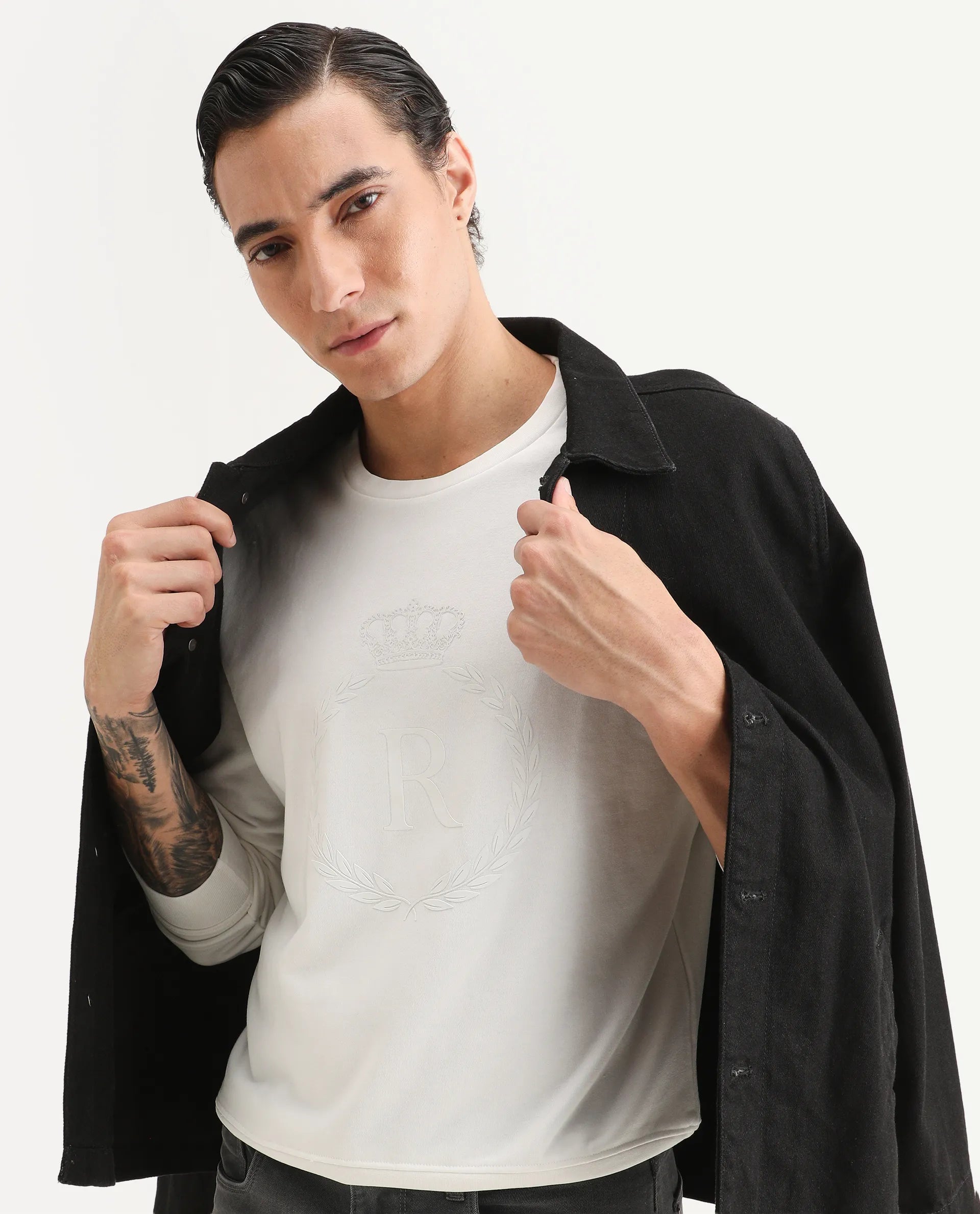 Rare Rabbit Men's Staple Off White Cotton Graphic Print Regular Fit Full Sleeve Crew Neck Sweatshirt