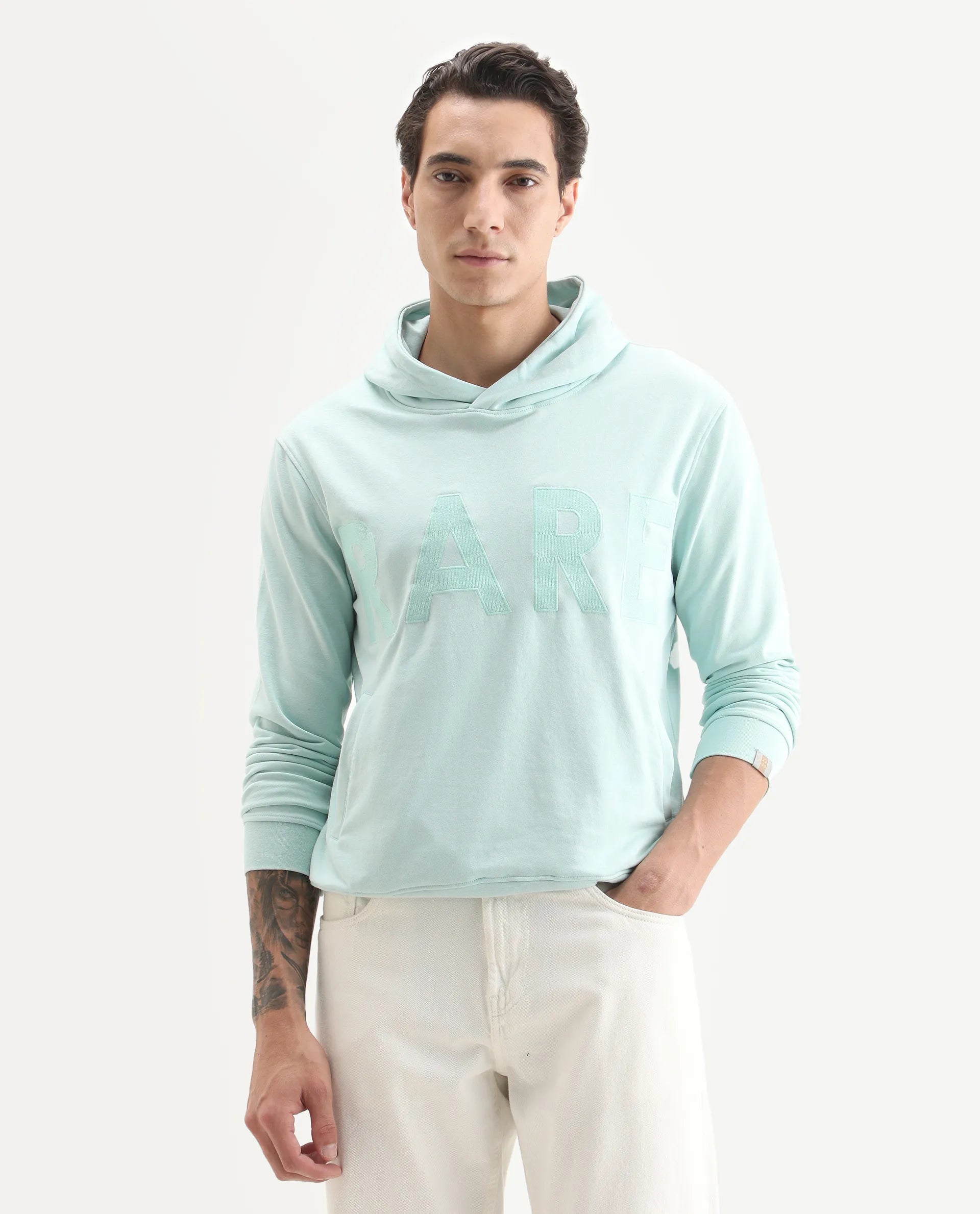 Rare Rabbit Men's April Light Blue Cotton Embroidered Regular Fit Full Sleeve Crew Neck Sweatshirt