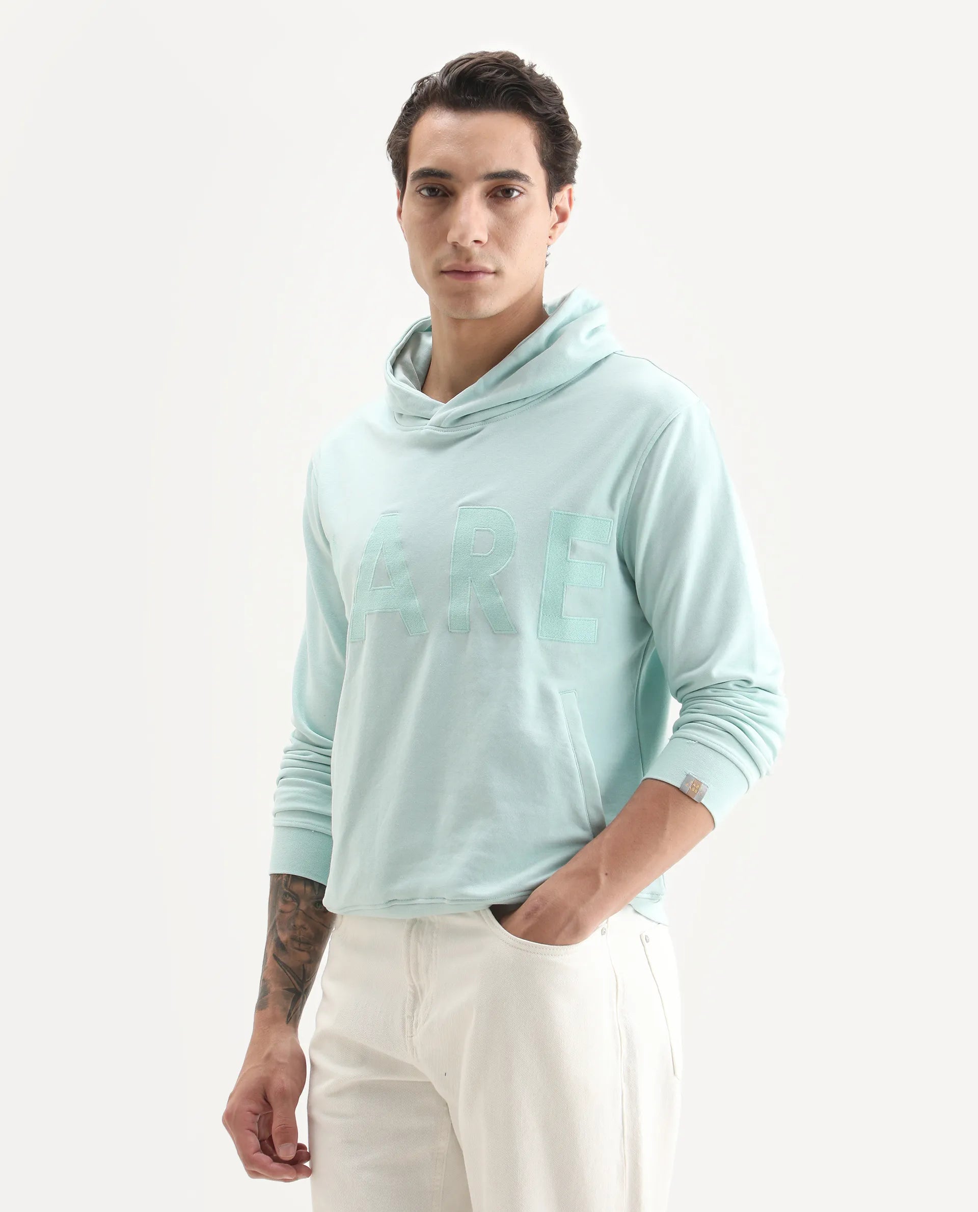 Rare Rabbit Men's April Light Blue Cotton Embroidered Regular Fit Full Sleeve Crew Neck Sweatshirt
