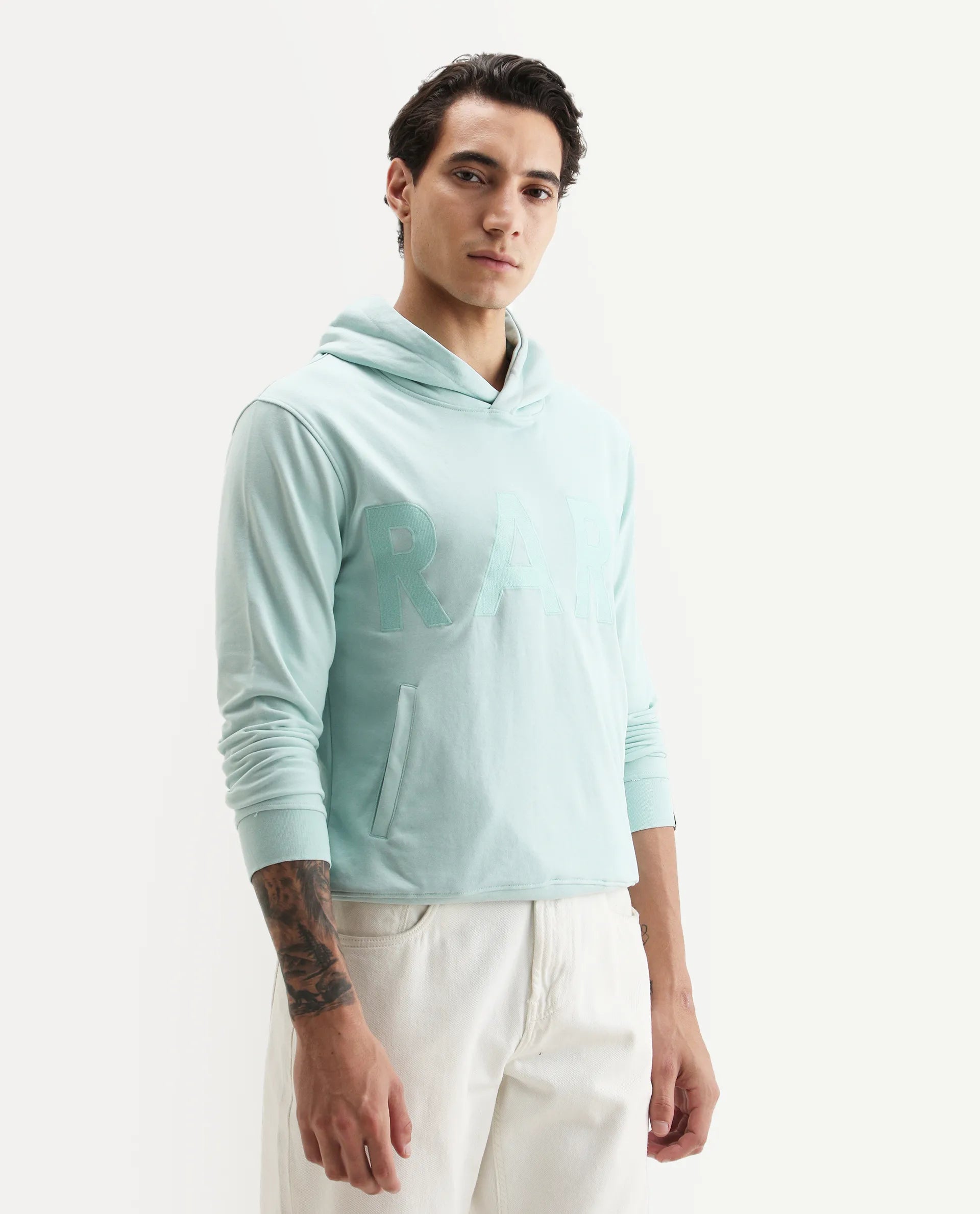 Rare Rabbit Men's April Light Blue Cotton Embroidered Regular Fit Full Sleeve Crew Neck Sweatshirt