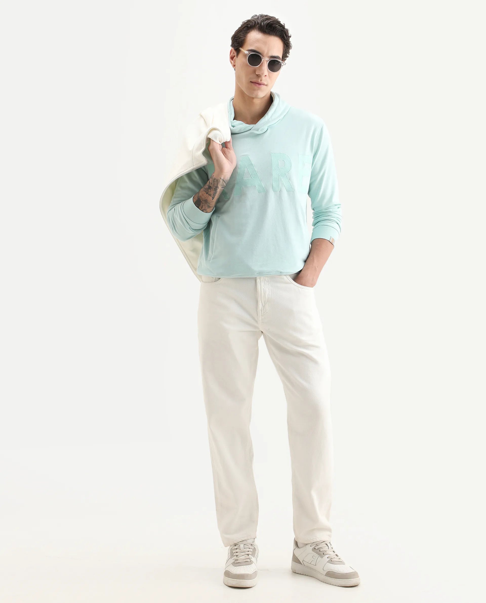 Rare Rabbit Men's April Light Blue Cotton Embroidered Regular Fit Full Sleeve Crew Neck Sweatshirt