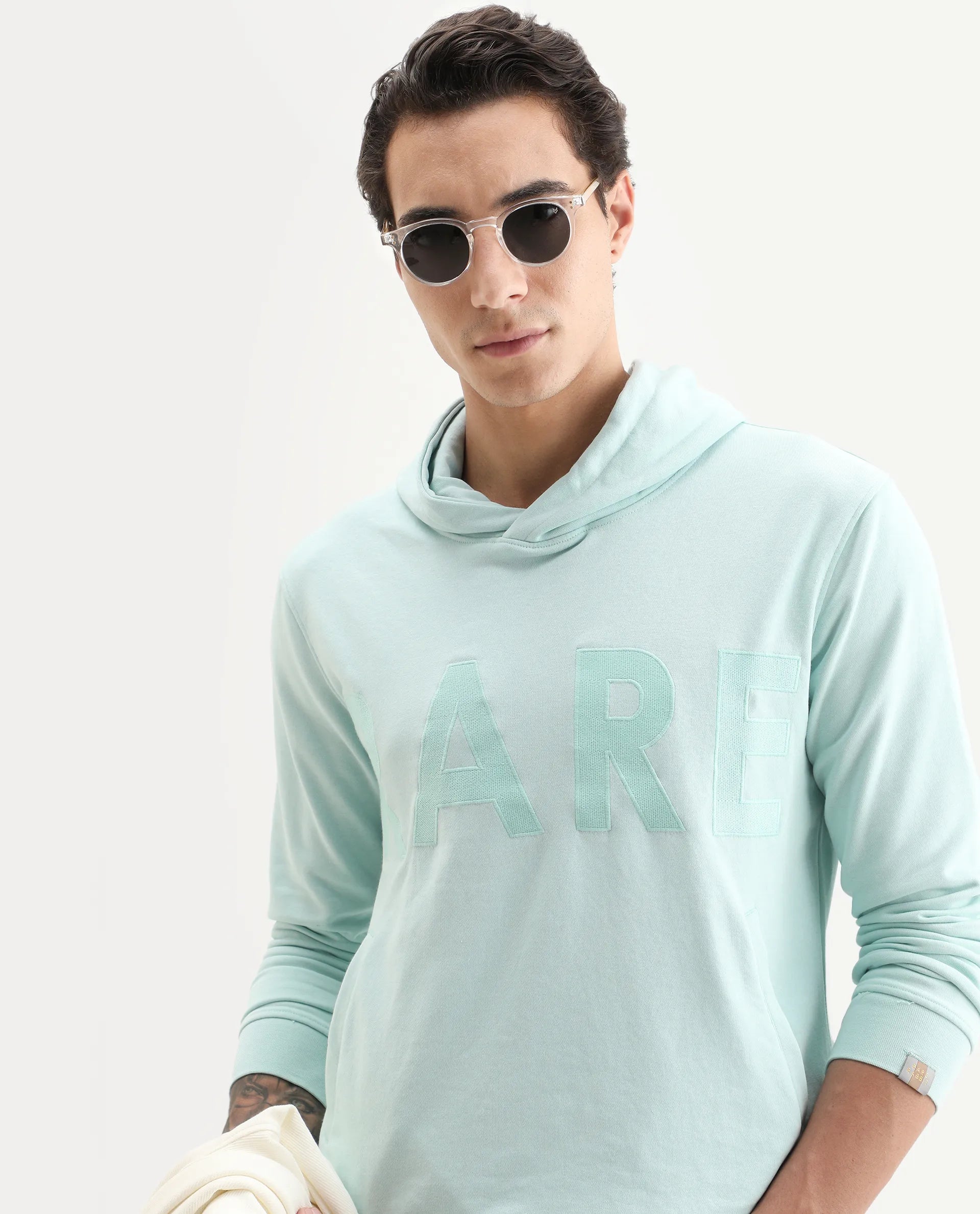 Rare Rabbit Men's April Light Blue Cotton Embroidered Regular Fit Full Sleeve Crew Neck Sweatshirt