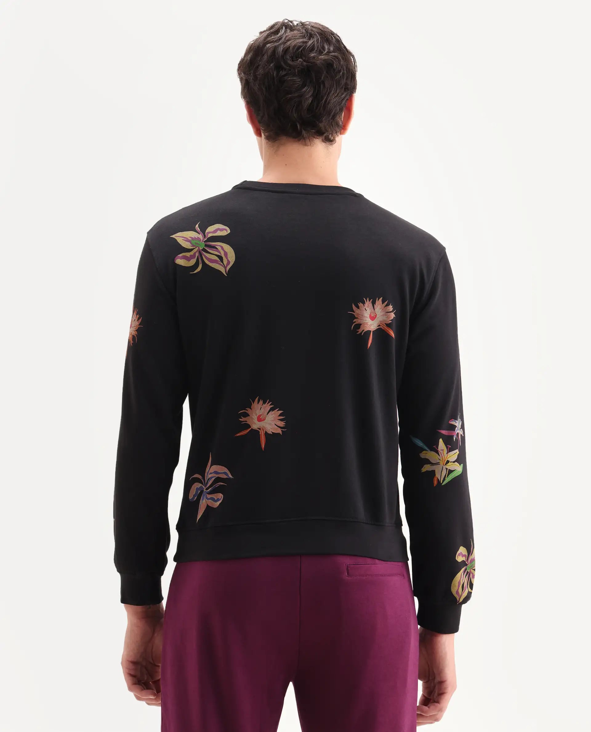 Rare Rabbit Men's Panton Black Cotton Floral Print Relaxed Fit Full Sleeve Crew Neck Sweatshirt