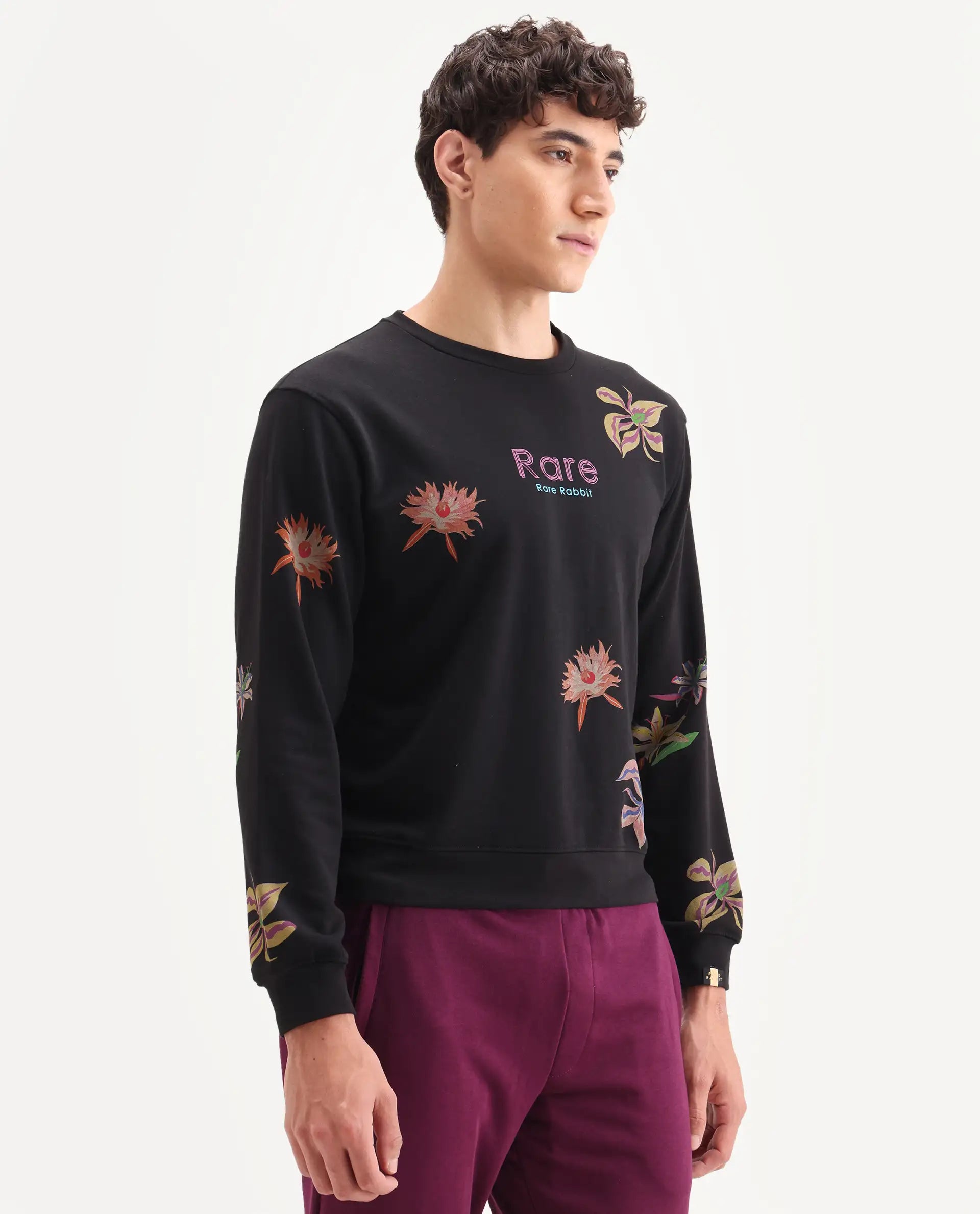 Rare Rabbit Men's Panton Black Cotton Floral Print Relaxed Fit Full Sleeve Crew Neck Sweatshirt