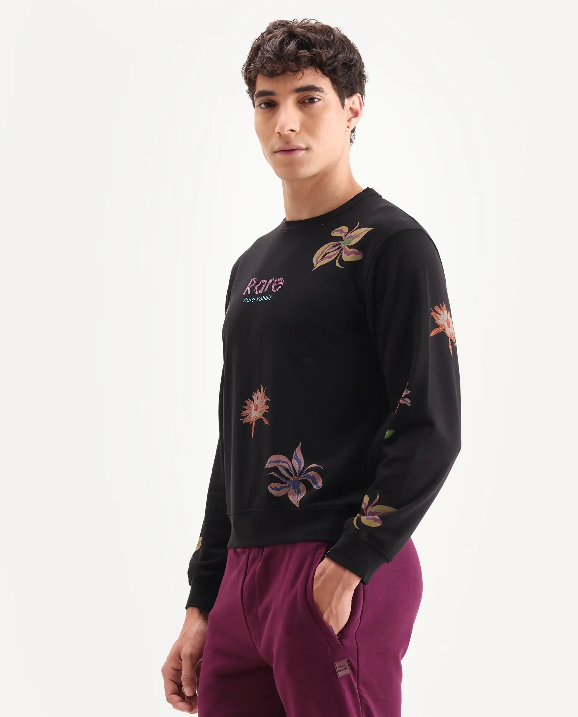 Rare Rabbit Men's Panton Black Cotton Floral Print Relaxed Fit Full Sleeve Crew Neck Sweatshirt