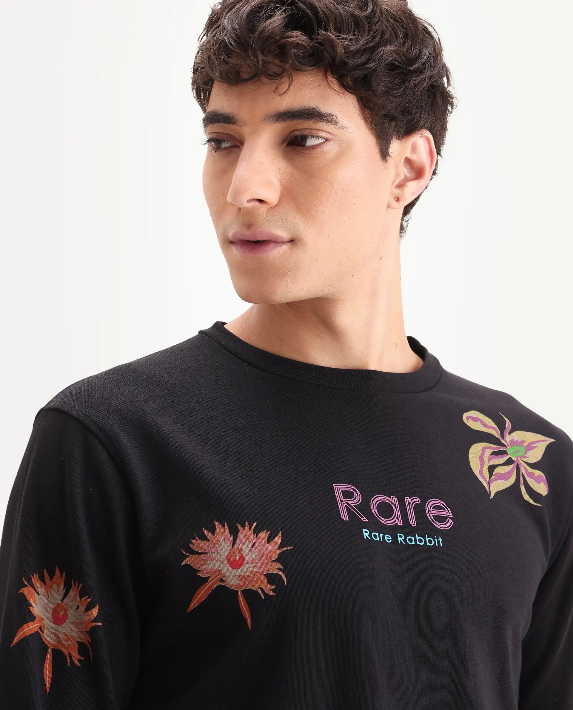 Rare Rabbit Men's Panton Black Cotton Floral Print Relaxed Fit Full Sleeve Crew Neck Sweatshirt