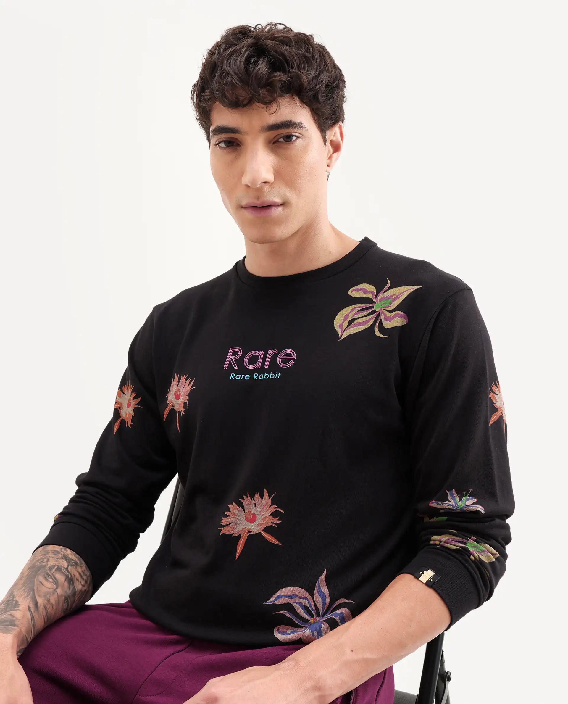 Rare Rabbit Men's Panton Black Cotton Floral Print Relaxed Fit Full Sleeve Crew Neck Sweatshirt