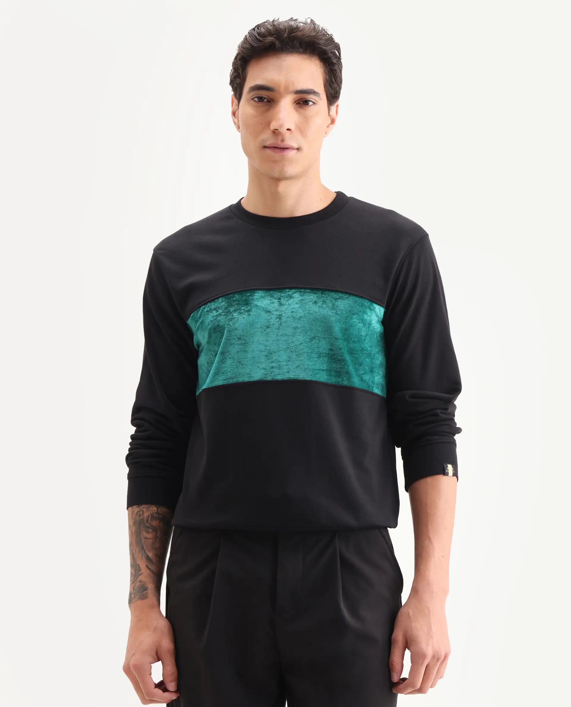 Rare Rabbit Men's Tide Black Cotton Ombre Regular Fit Full Sleeve Crew Neck Sweatshirt