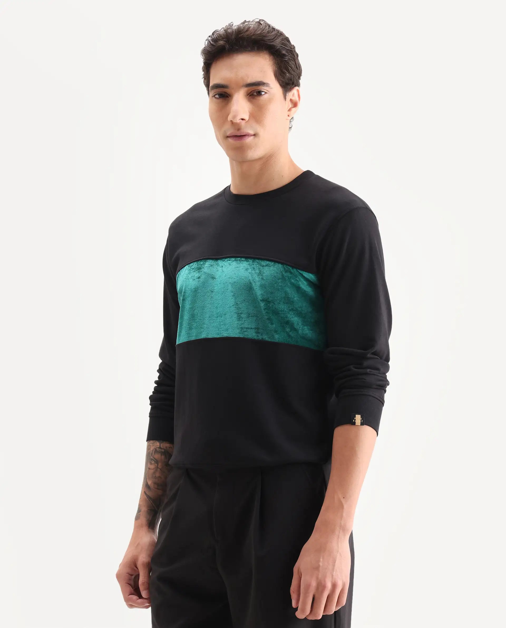 Rare Rabbit Men's Tide Black Cotton Ombre Regular Fit Full Sleeve Crew Neck Sweatshirt