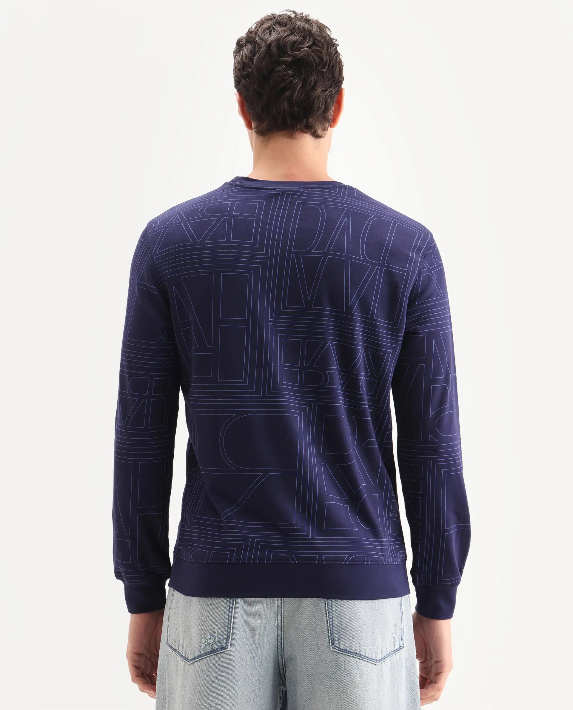 Rare Rabbit Men's Ensign Navy Cotton Graphic Print Regular Fit Full Sleeve Crew Neck Sweatshirt