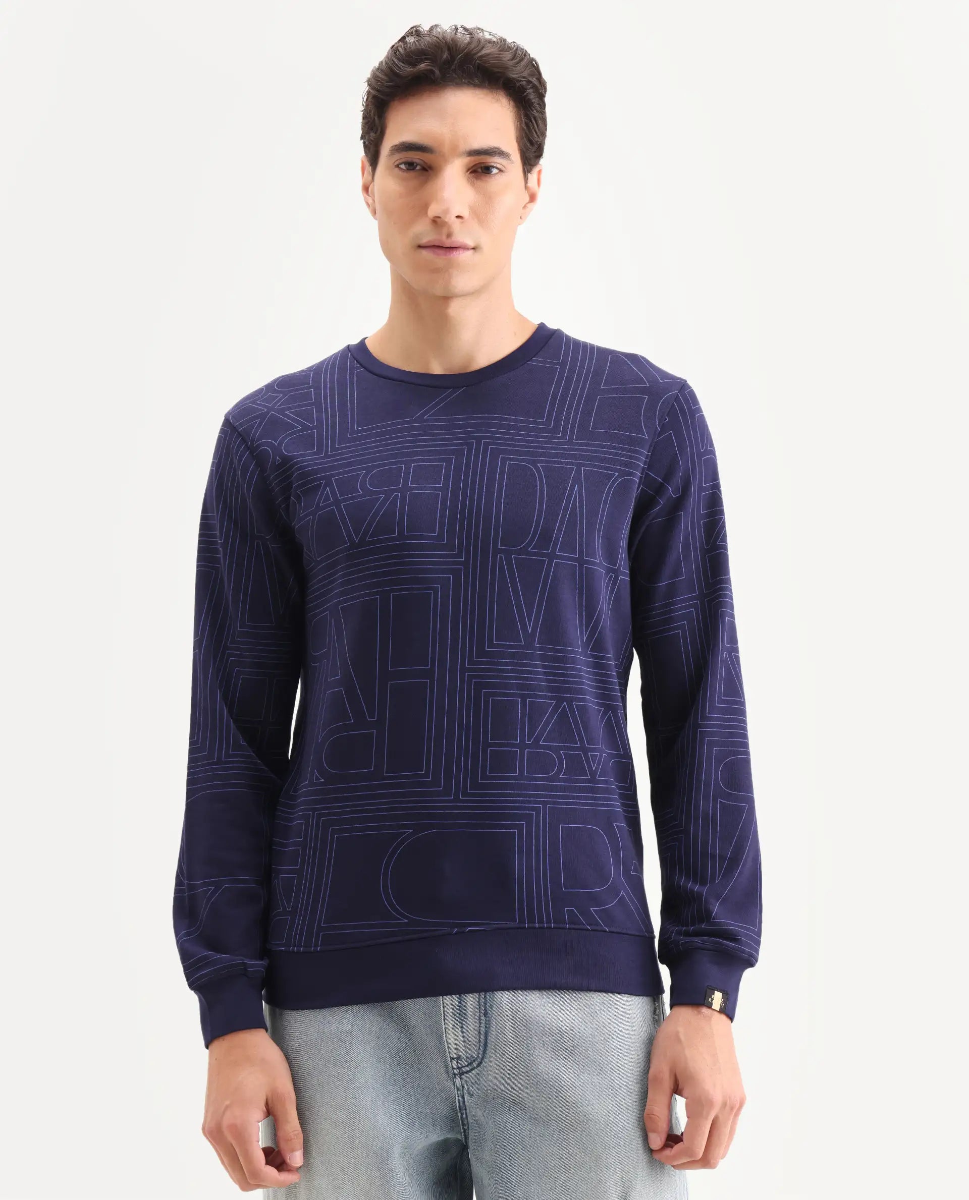 Rare Rabbit Men's Ensign Navy Cotton Graphic Print Regular Fit Full Sleeve Crew Neck Sweatshirt