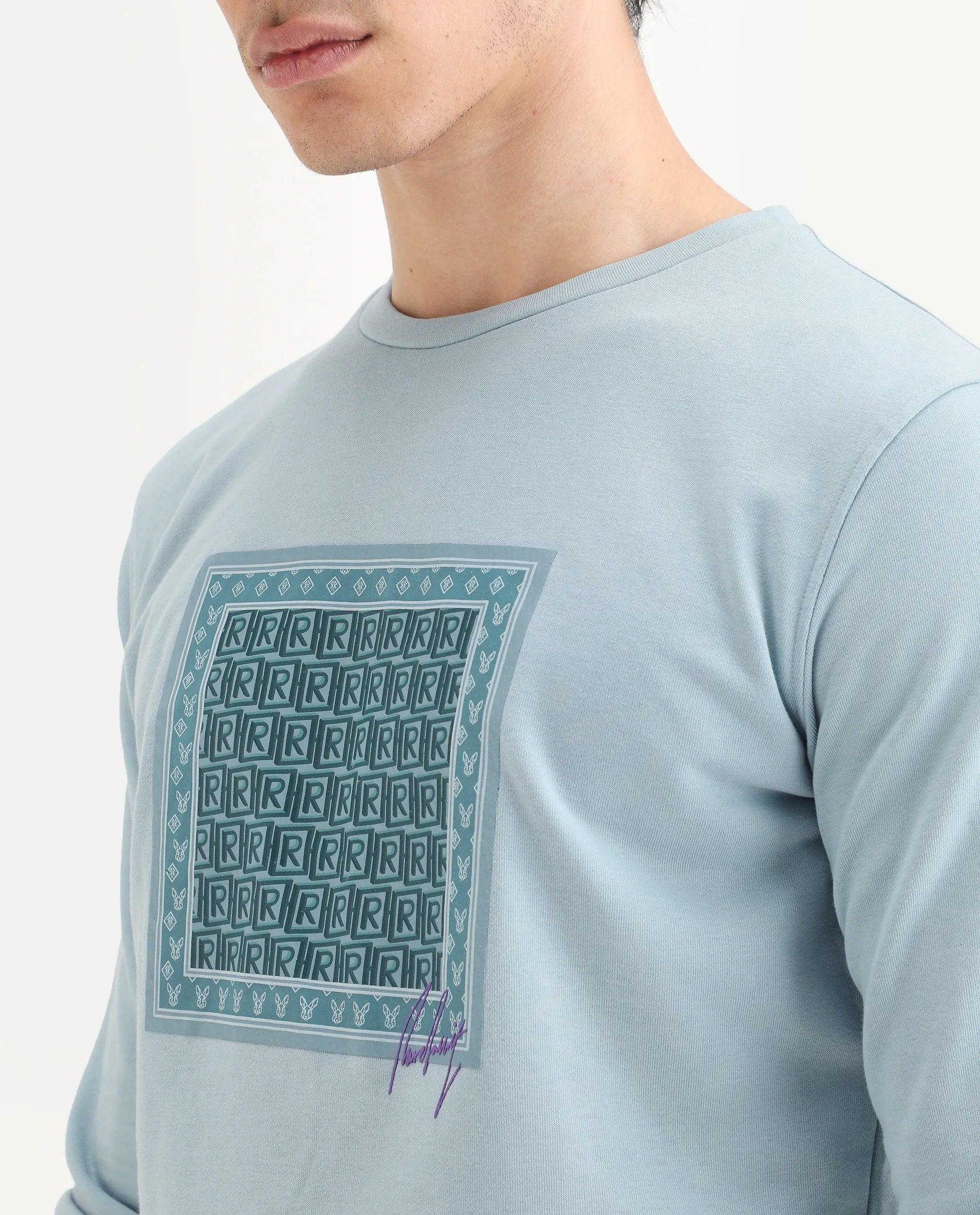 Rare Rabbit Men's Totem Light Turq Cotton Graphic Print Regular Fit Full Sleeve Crew Neck Sweatshirt