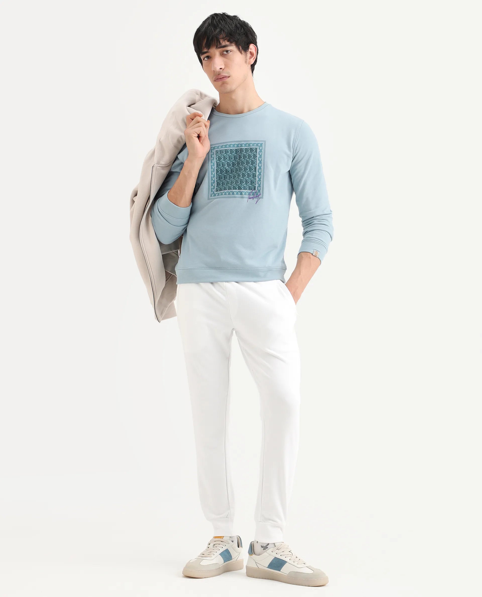 Rare Rabbit Men's Totem Light Turq Cotton Graphic Print Regular Fit Full Sleeve Crew Neck Sweatshirt