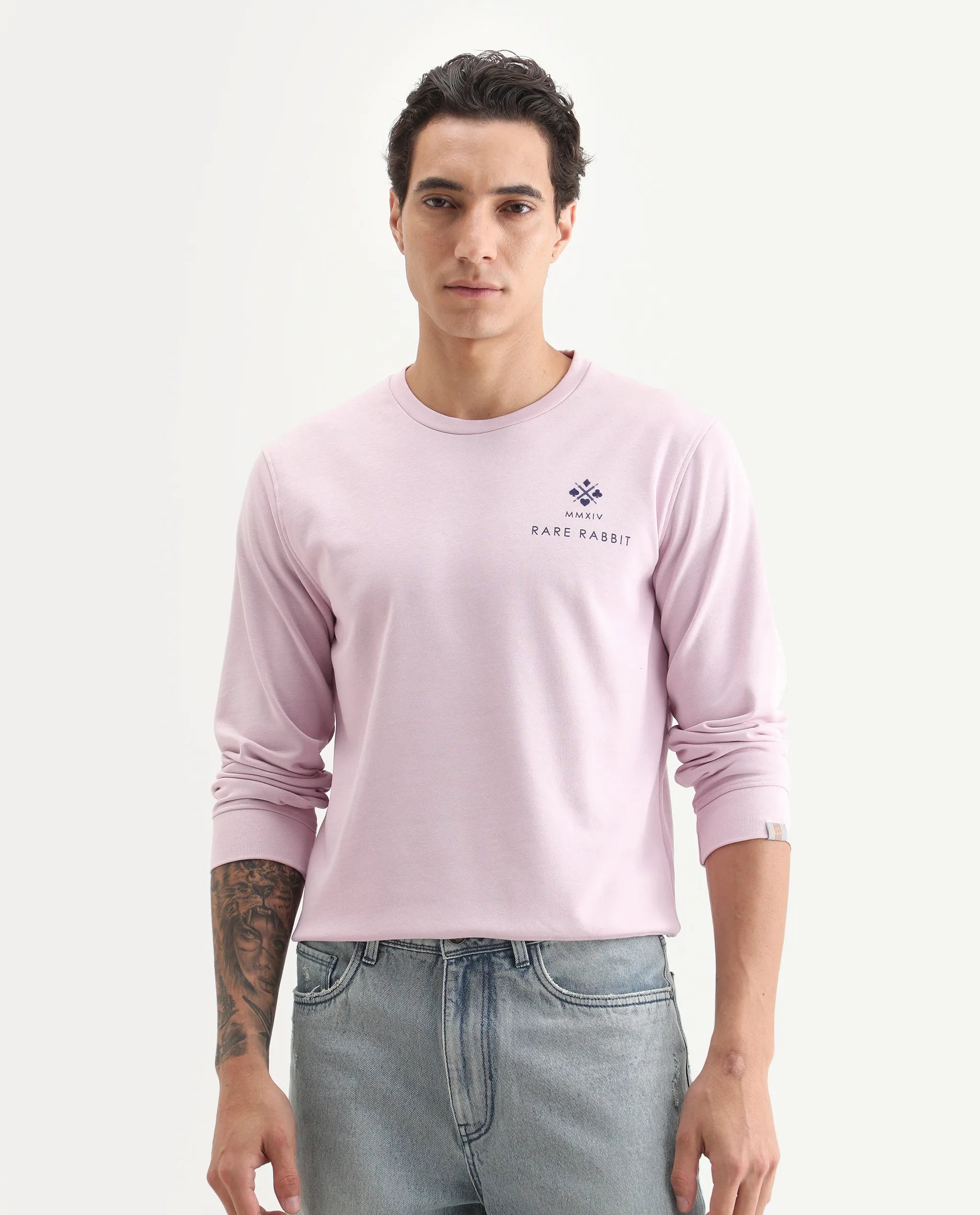Rare Rabbit Men's Cerdon Light Pink Cotton Graphic Print Regular Fit Full Sleeve Crew Neck Sweatshirt