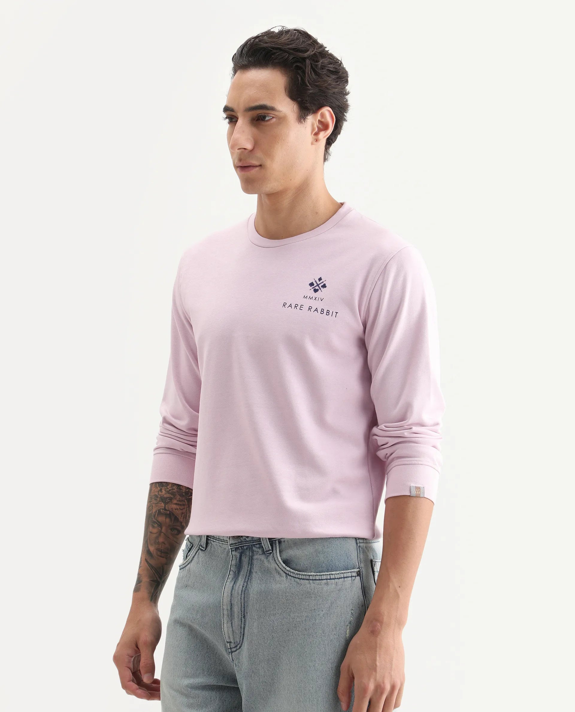 Rare Rabbit Men's Cerdon Light Pink Cotton Graphic Print Regular Fit Full Sleeve Crew Neck Sweatshirt