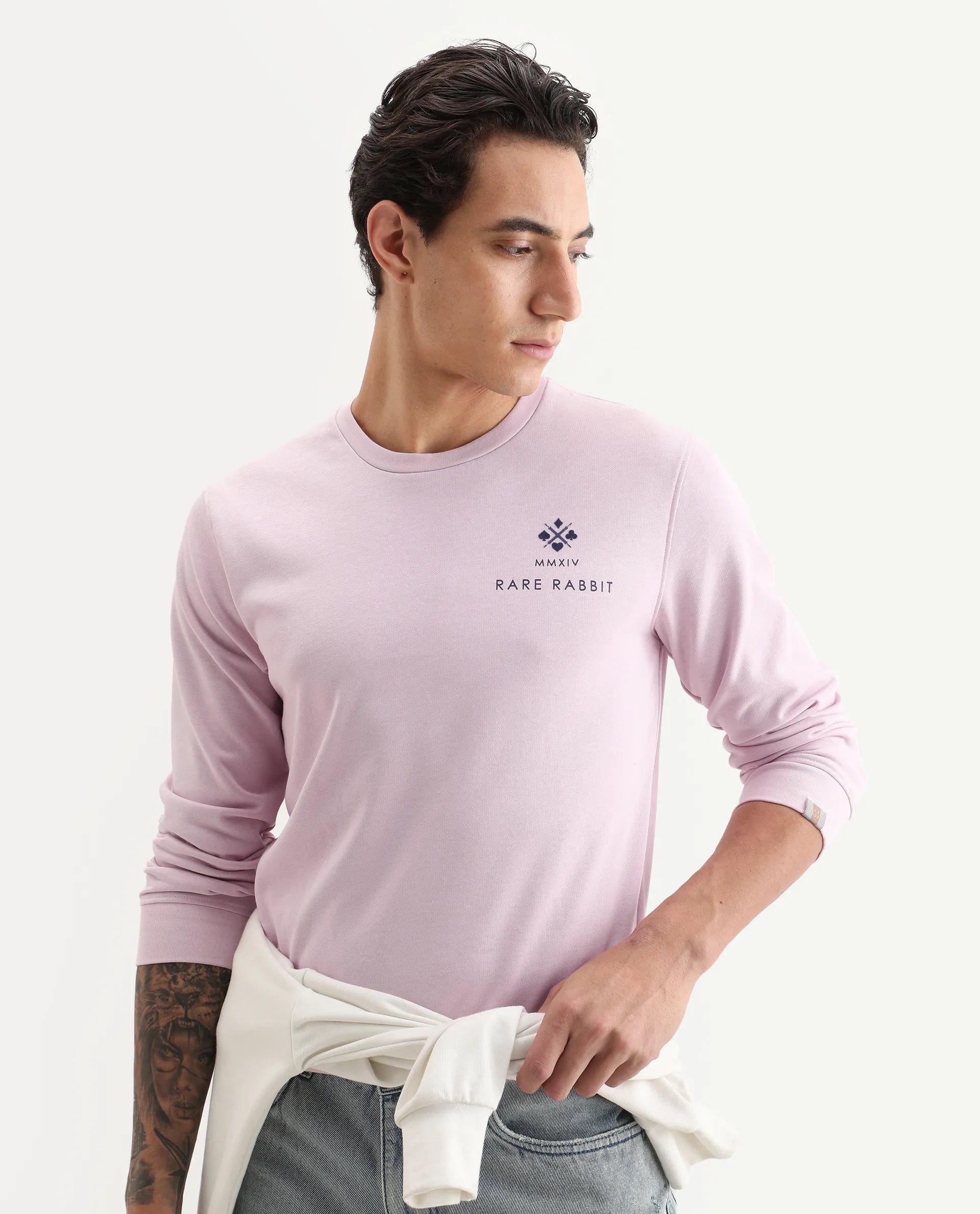 Rare Rabbit Men's Cerdon Light Pink Cotton Graphic Print Regular Fit Full Sleeve Crew Neck Sweatshirt
