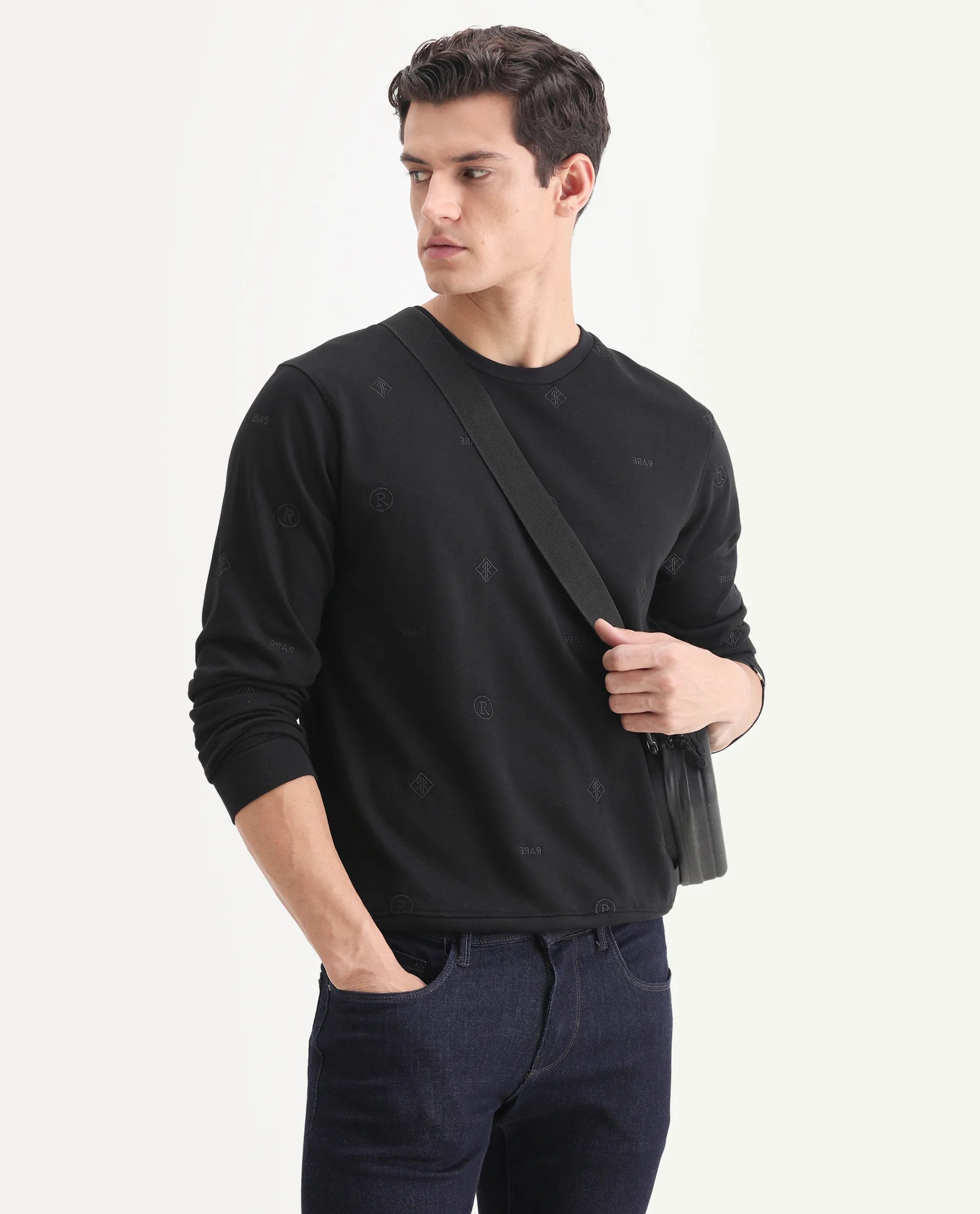 Rare Rabbit Men's Astrix Black Cotton Embroidered Regular Fit Full Sleeve Crew Neck Sweatshirt