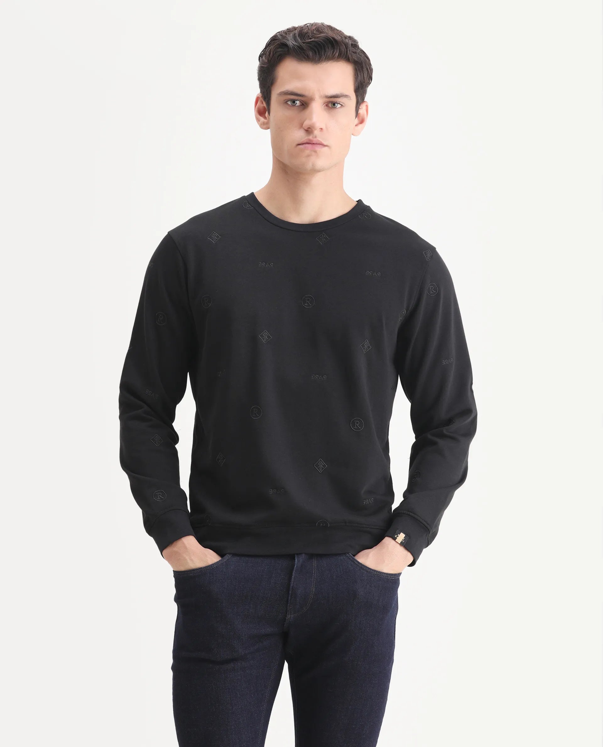 Rare Rabbit Men's Astrix Black Cotton Embroidered Regular Fit Full Sleeve Crew Neck Sweatshirt