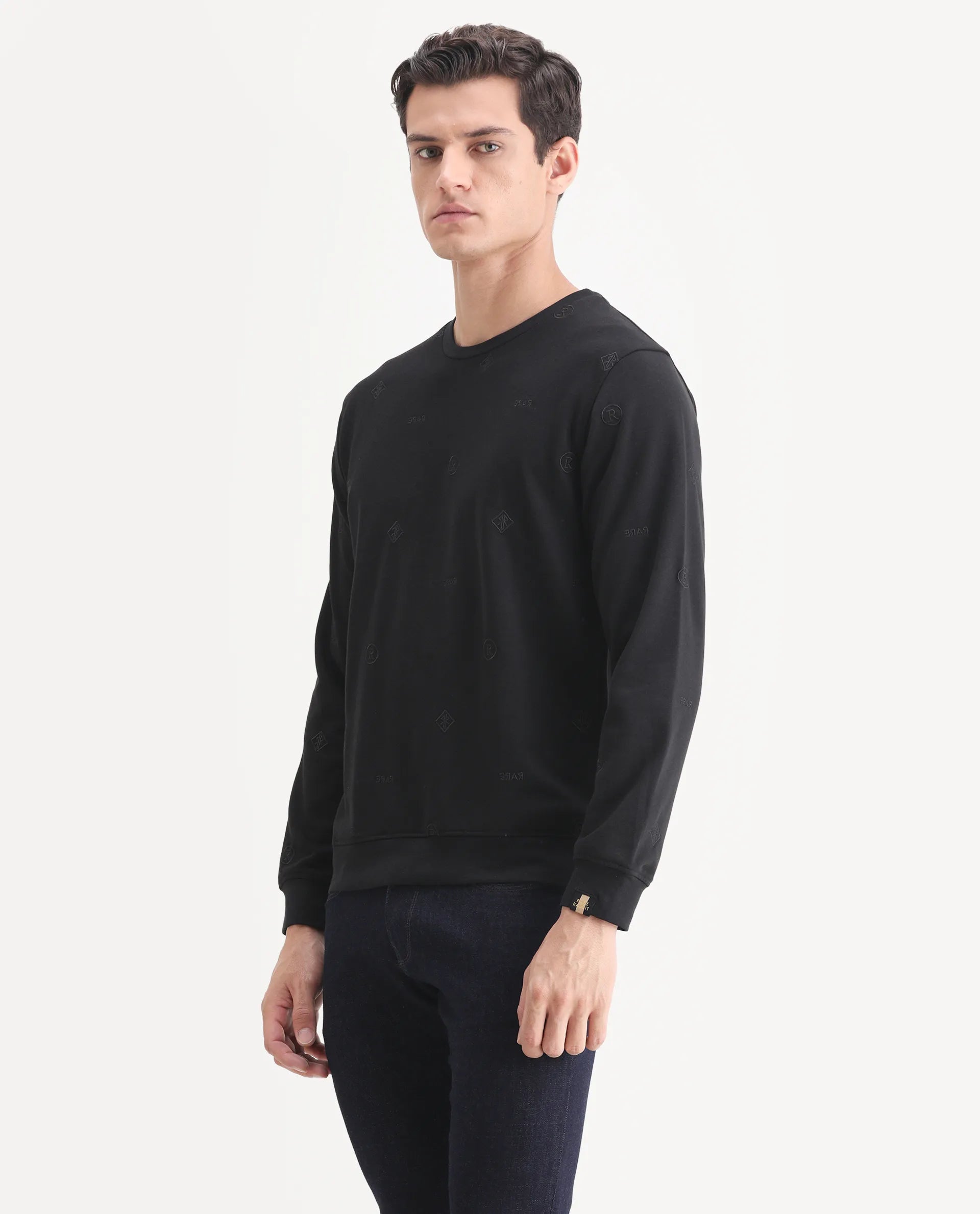 Rare Rabbit Men's Astrix Black Cotton Embroidered Regular Fit Full Sleeve Crew Neck Sweatshirt