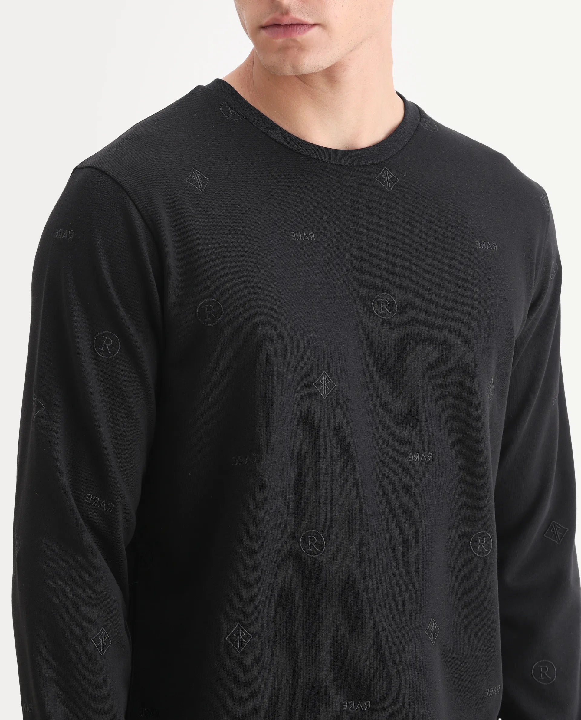 Rare Rabbit Men's Astrix Black Cotton Embroidered Regular Fit Full Sleeve Crew Neck Sweatshirt