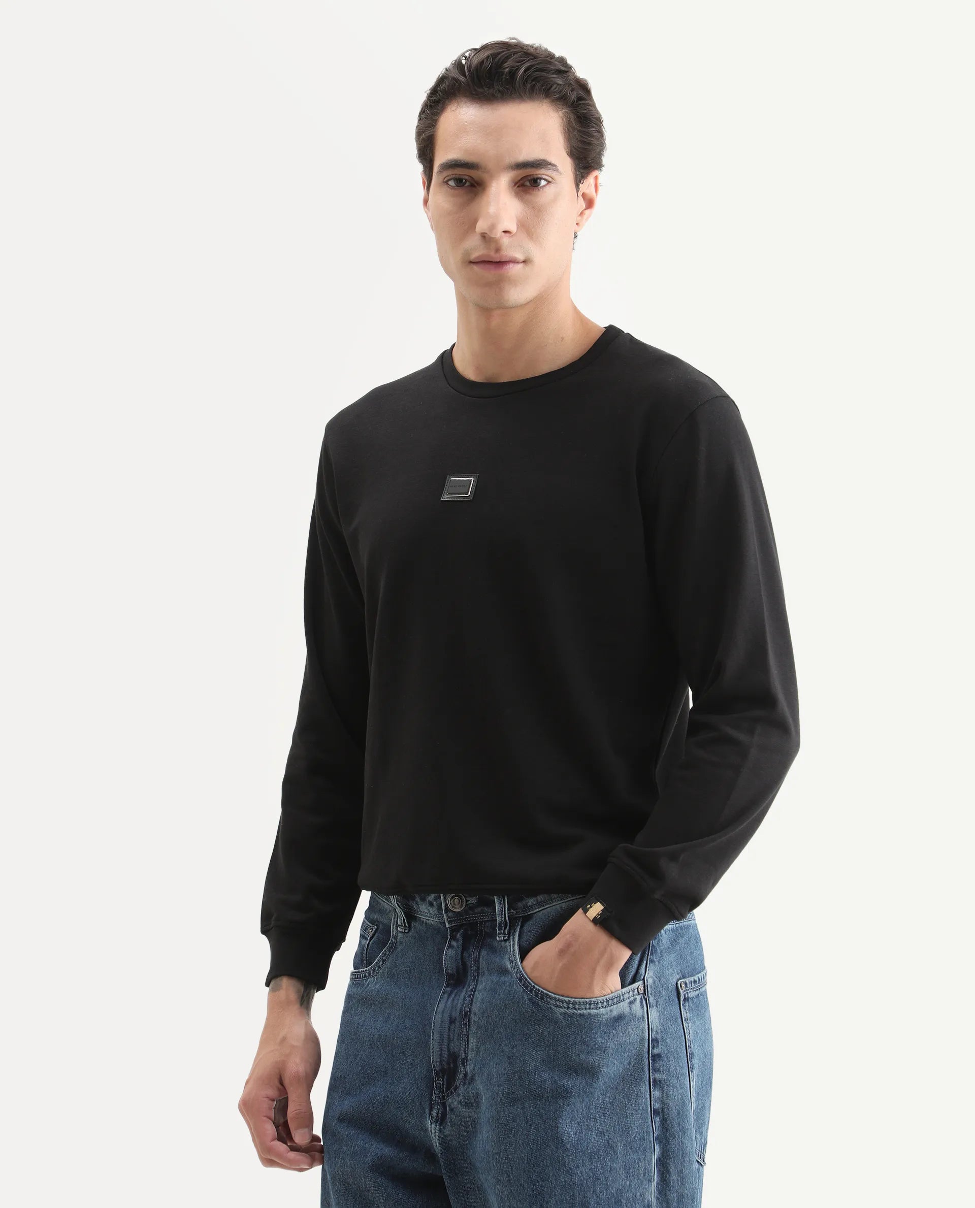 Rare Rabbit Men's Glitch Black Cotton Plain Regular Fit Full Sleeve Crew Neck Sweatshirt